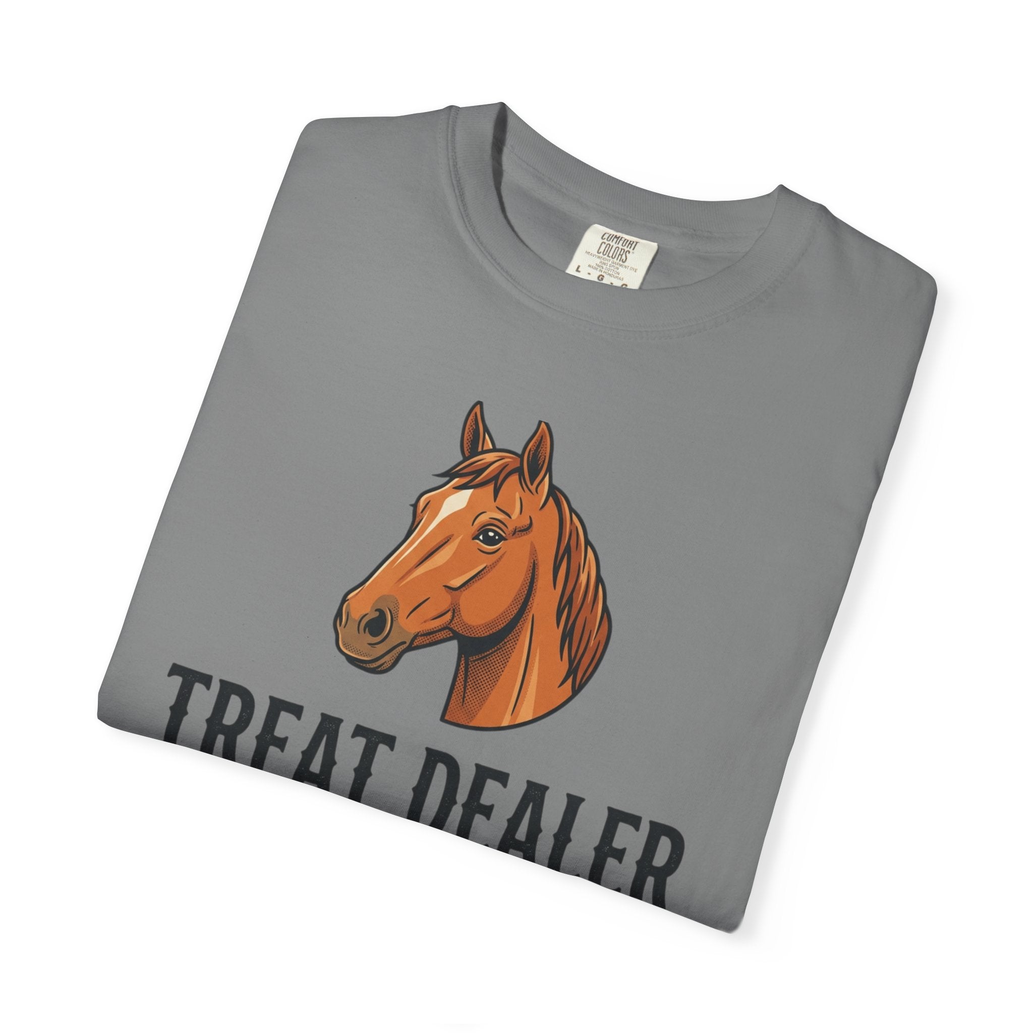 Treat Dealer Horse T-Shirt — Funny Equestrian Tee with Horse Head & Treat Icons