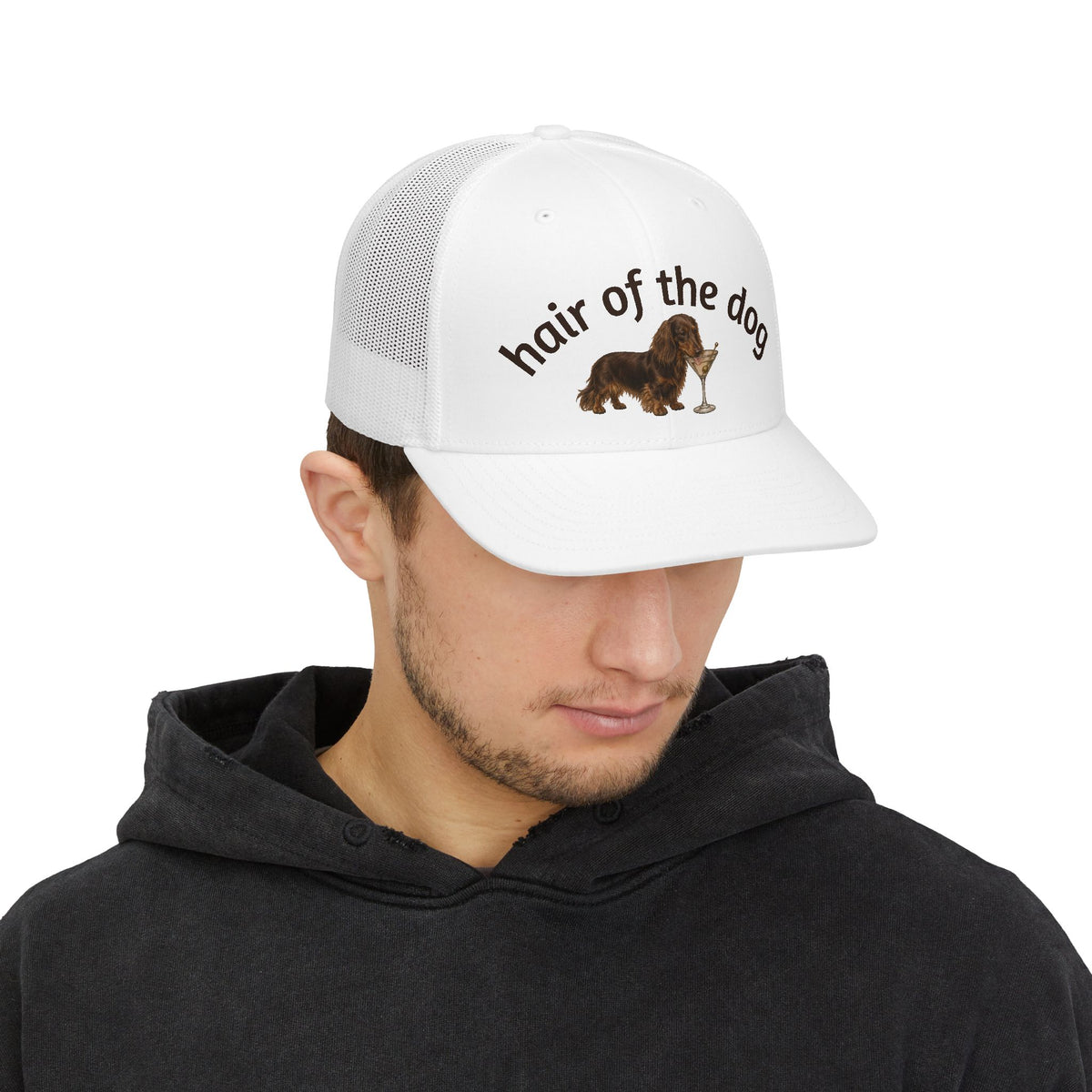 Hair of the Dog Snapback Trucker Cap — Dachshund with Cocktail Mesh Hat