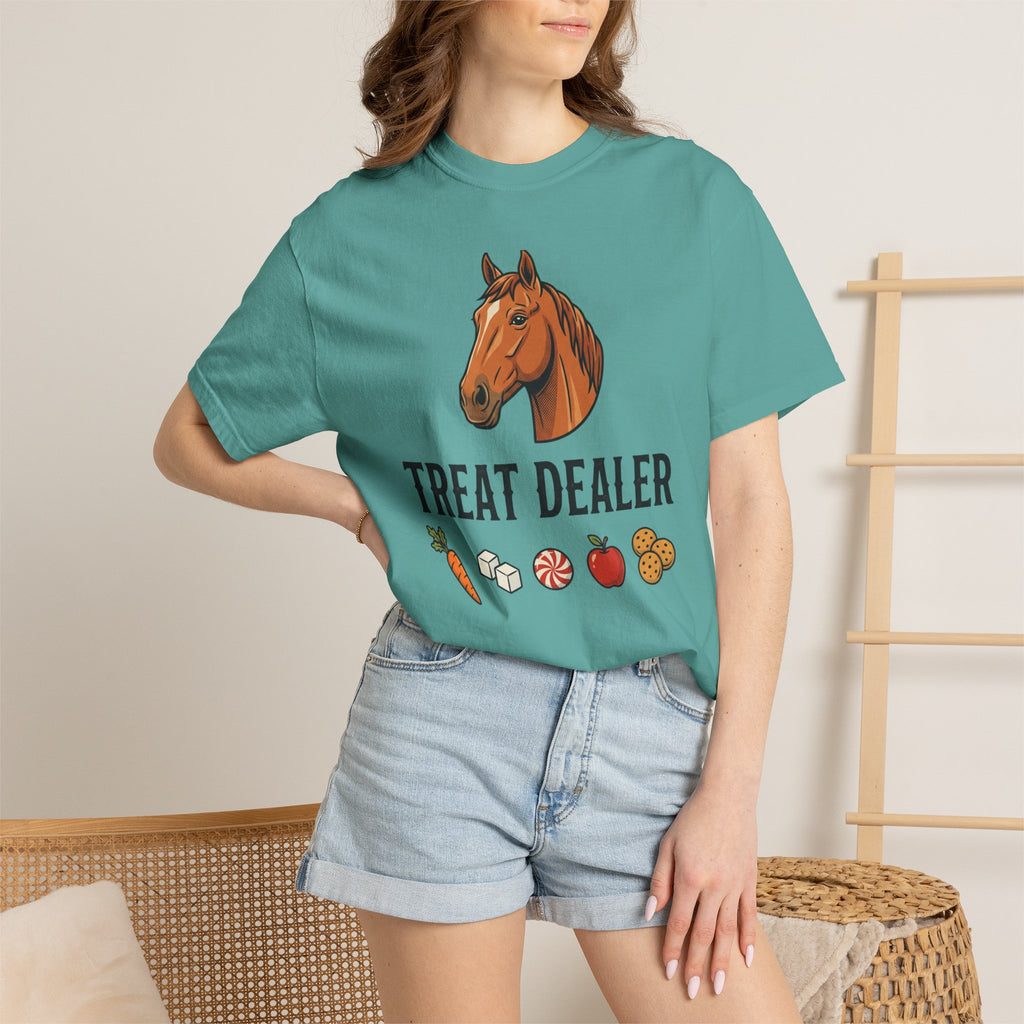 Treat Dealer Horse T-Shirt — Funny Equestrian Tee with Horse Head & Treat Icons