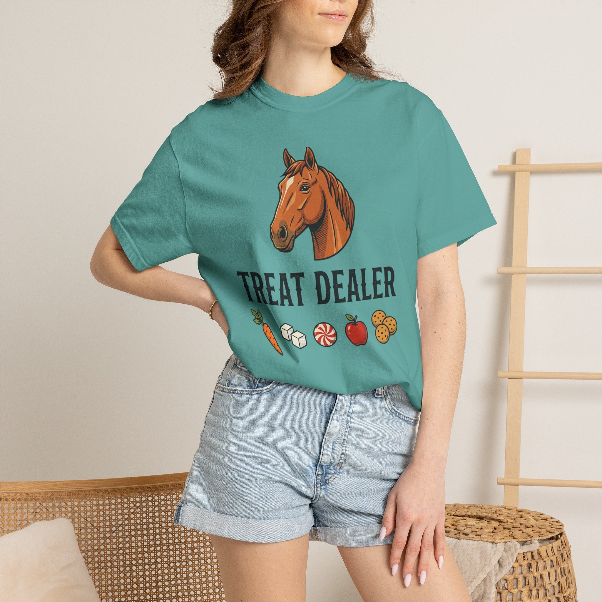 Treat Dealer Horse T-Shirt — Funny Equestrian Tee with Horse Head & Treat Icons