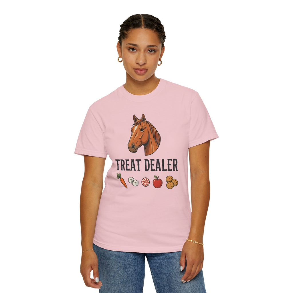 Treat Dealer Horse T-Shirt — Funny Equestrian Tee with Horse Head & Treat Icons