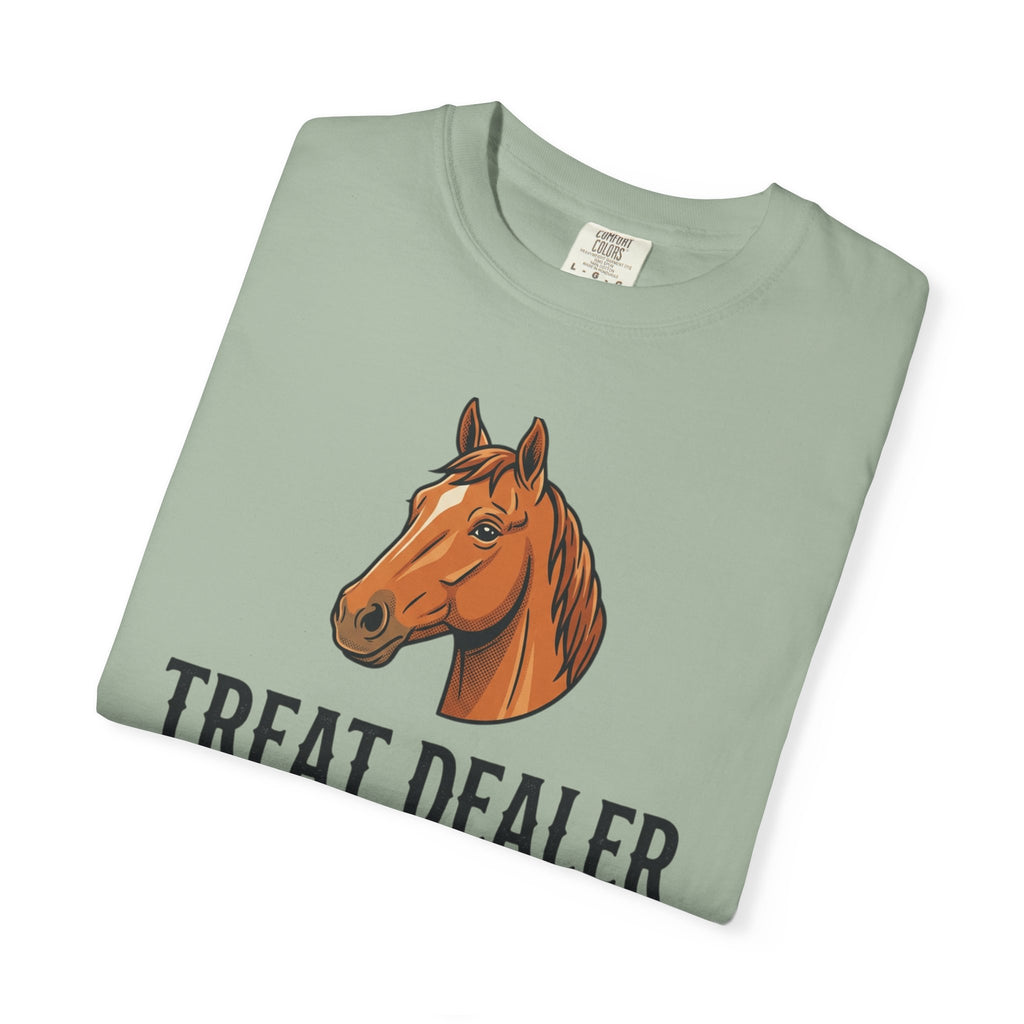 Treat Dealer Horse T-Shirt — Funny Equestrian Tee with Horse Head & Treat Icons
