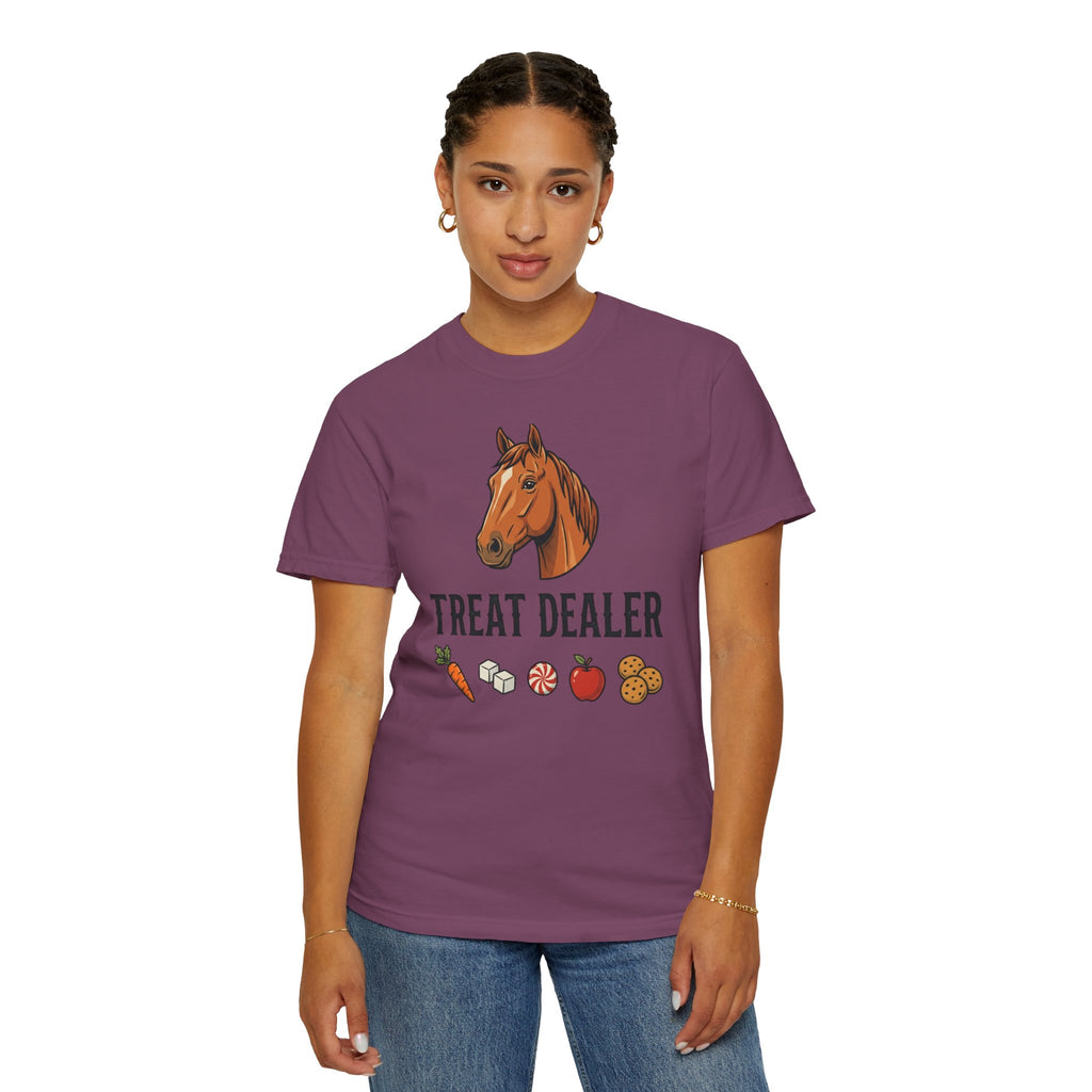 Treat Dealer Horse T-Shirt — Funny Equestrian Tee with Horse Head & Treat Icons