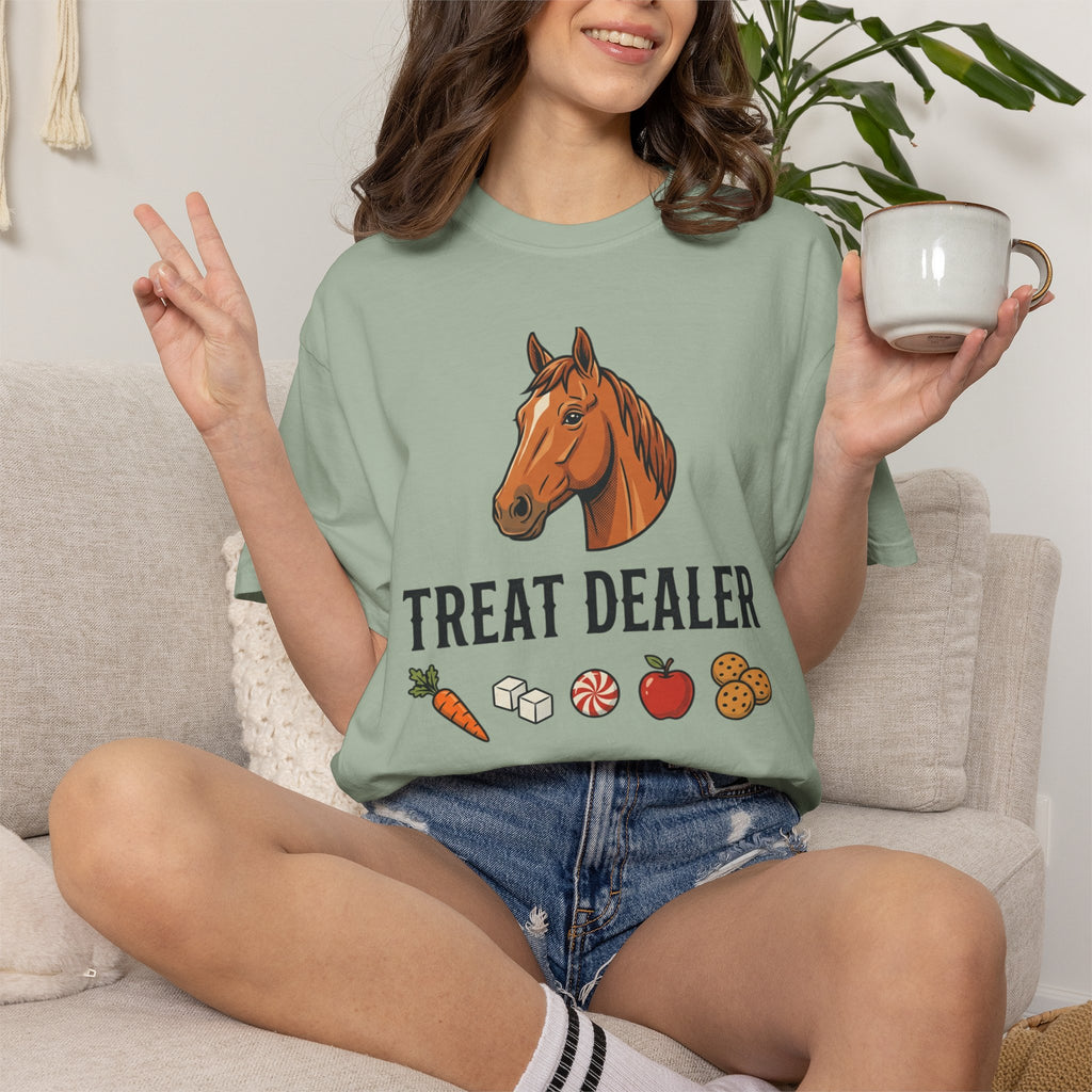 Treat Dealer Horse T-Shirt — Funny Equestrian Tee with Horse Head & Treat Icons