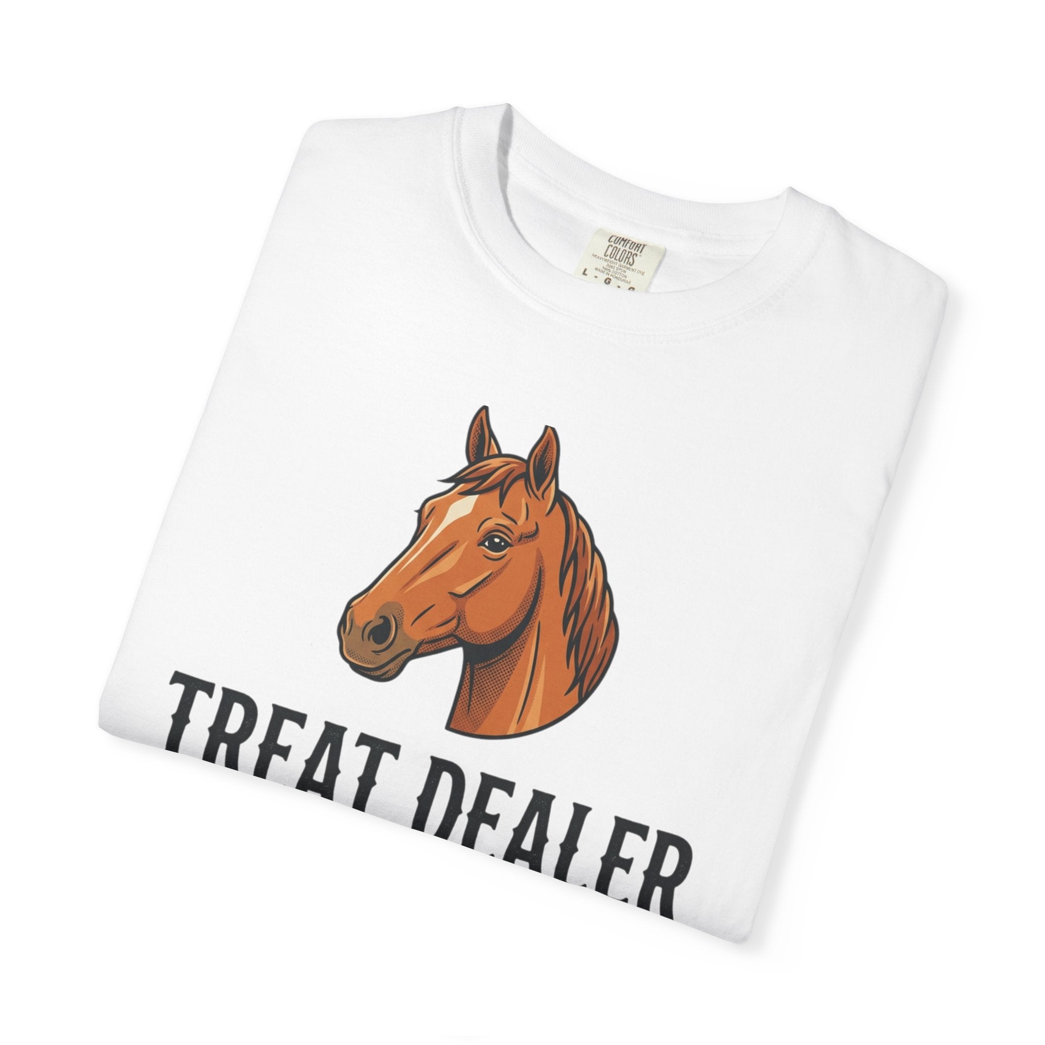 Treat Dealer Horse T-Shirt — Funny Equestrian Tee with Horse Head & Treat Icons