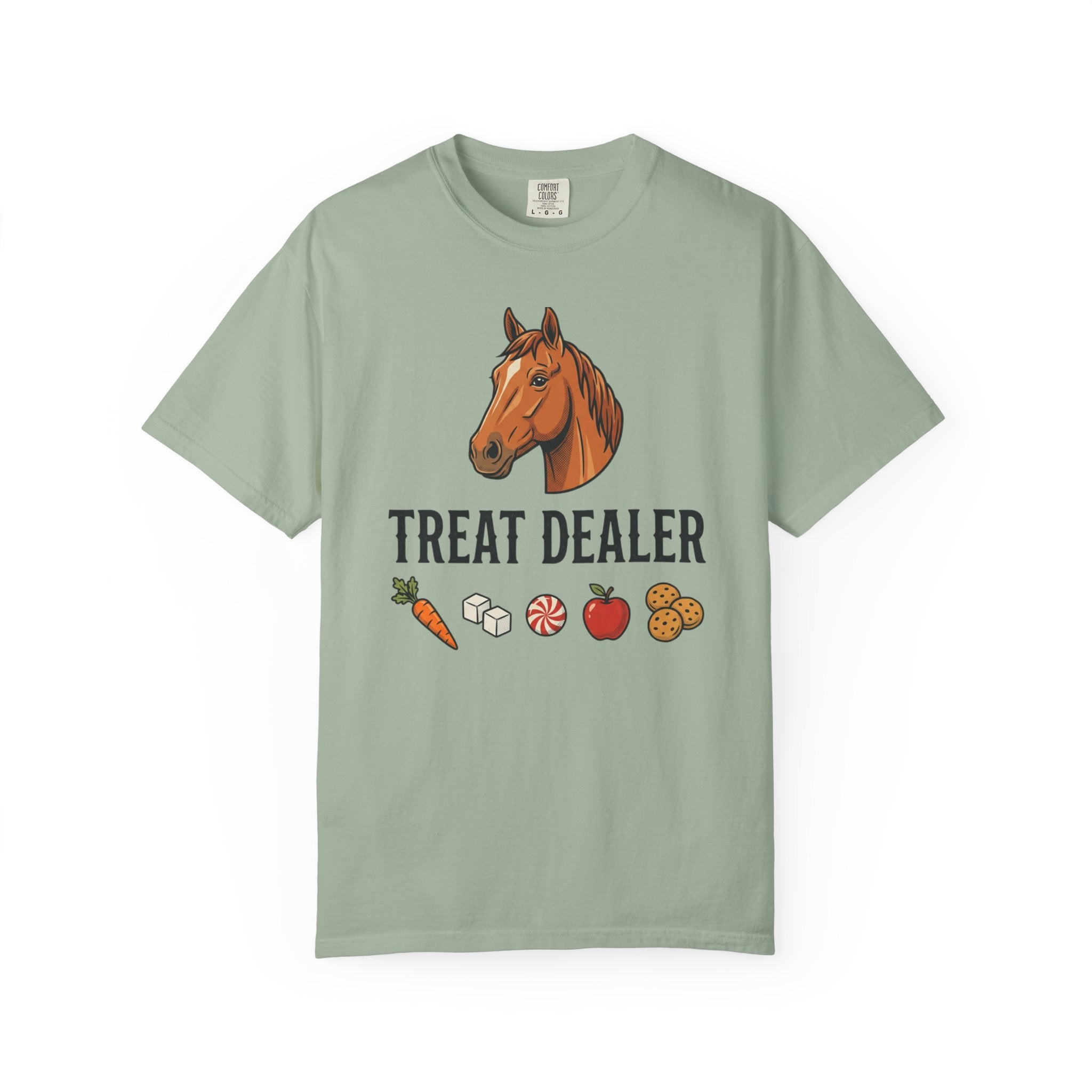 Treat Dealer Horse T-Shirt — Funny Equestrian Tee with Horse Head & Treat Icons