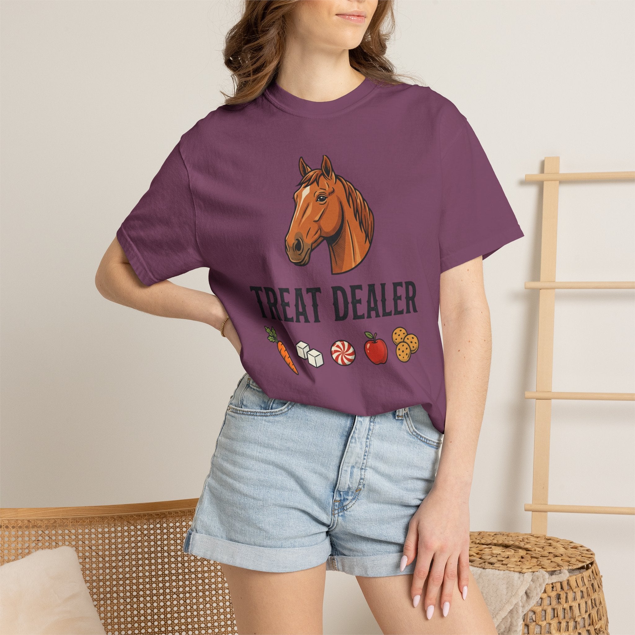 Treat Dealer Horse T-Shirt — Funny Equestrian Tee with Horse Head & Treat Icons