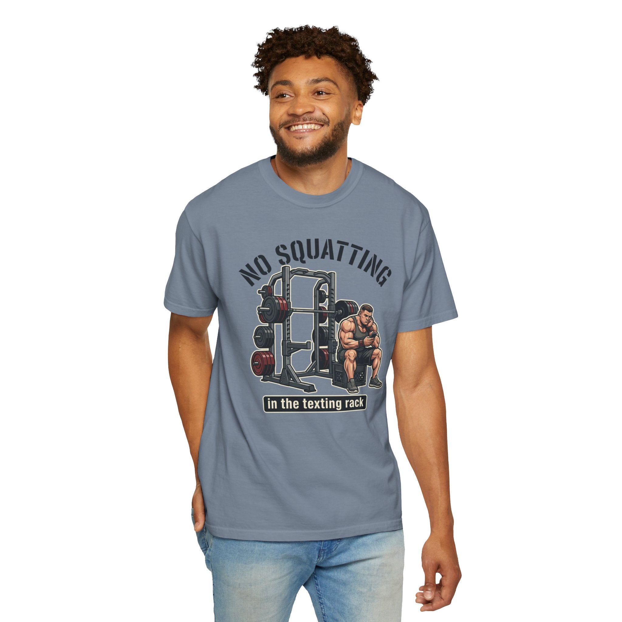 No Squatting in the Texting Rack T‑Shirt — Funny Gym Workout Tee