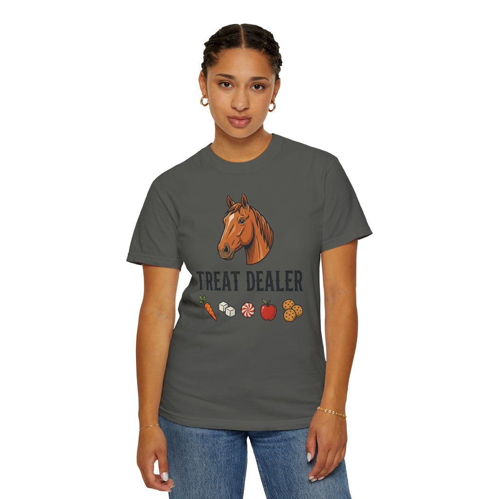 Treat Dealer Horse T-Shirt — Funny Equestrian Tee with Horse Head & Treat Icons