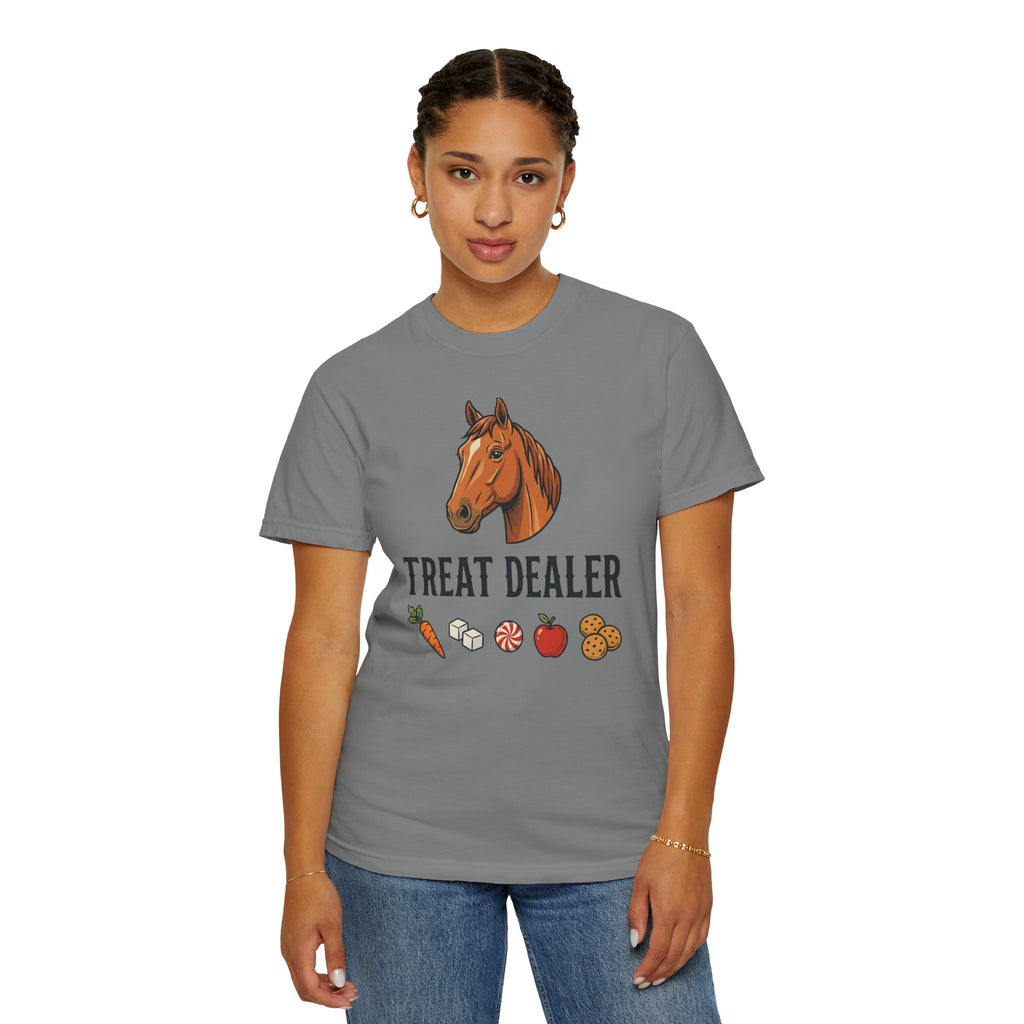Treat Dealer Horse T-Shirt — Funny Equestrian Tee with Horse Head & Treat Icons