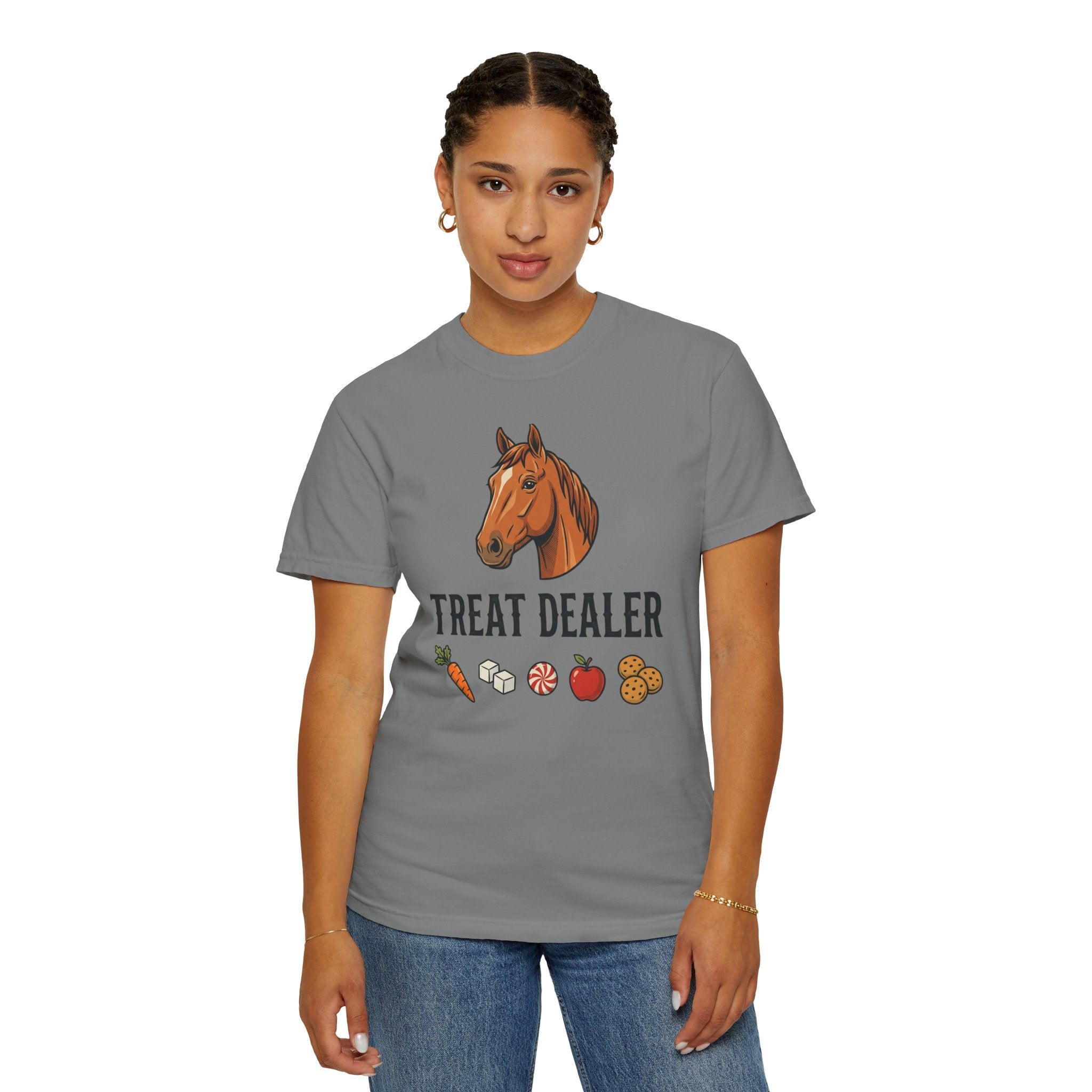 Treat Dealer Horse T-Shirt — Funny Equestrian Tee with Horse Head & Treat Icons