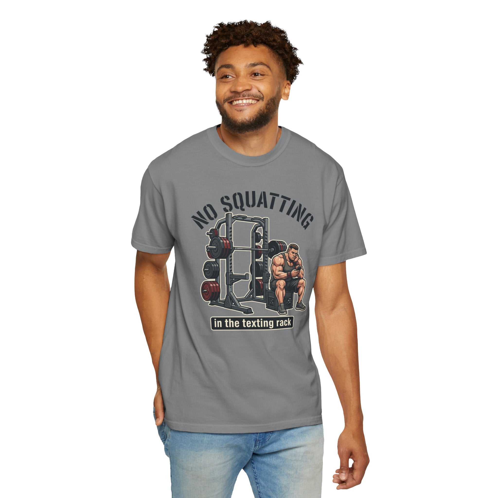 No Squatting in the Texting Rack T‑Shirt — Funny Gym Workout Tee