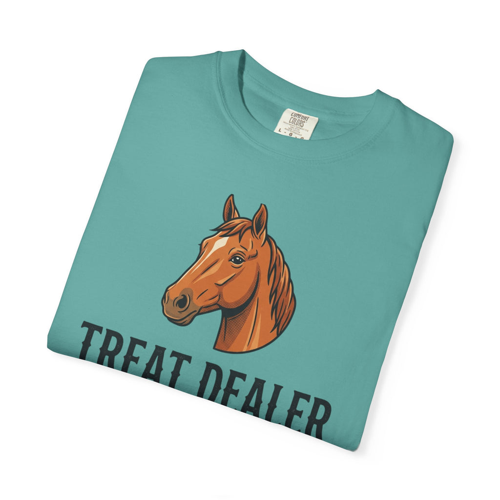 Treat Dealer Horse T-Shirt — Funny Equestrian Tee with Horse Head & Treat Icons