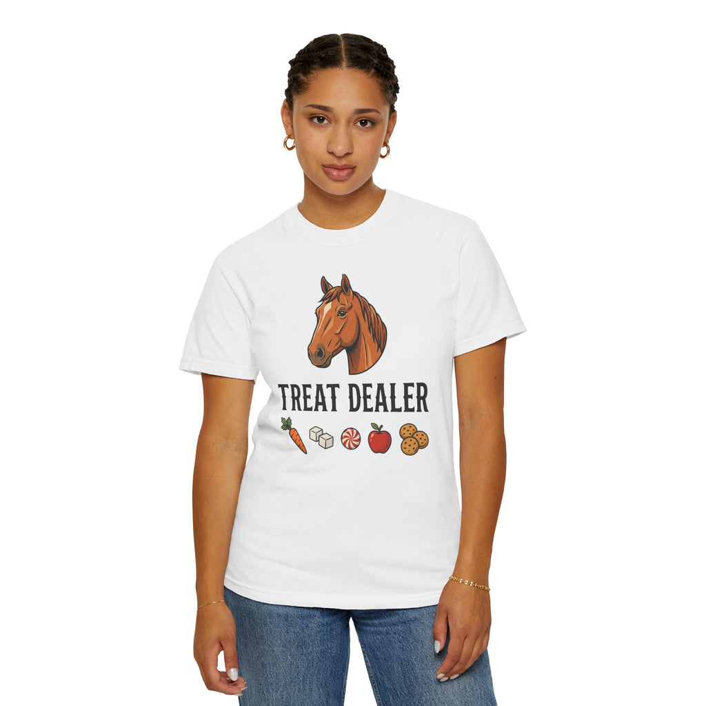 Treat Dealer Horse T-Shirt — Funny Equestrian Tee with Horse Head & Treat Icons
