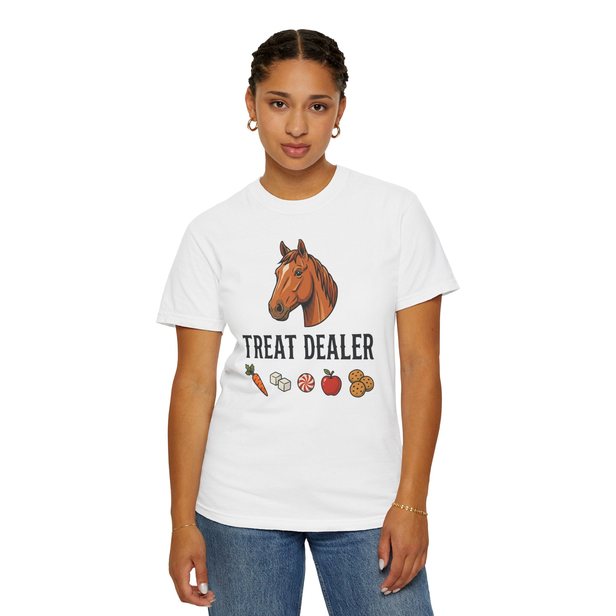 Treat Dealer Horse T-Shirt — Funny Equestrian Tee with Horse Head & Treat Icons