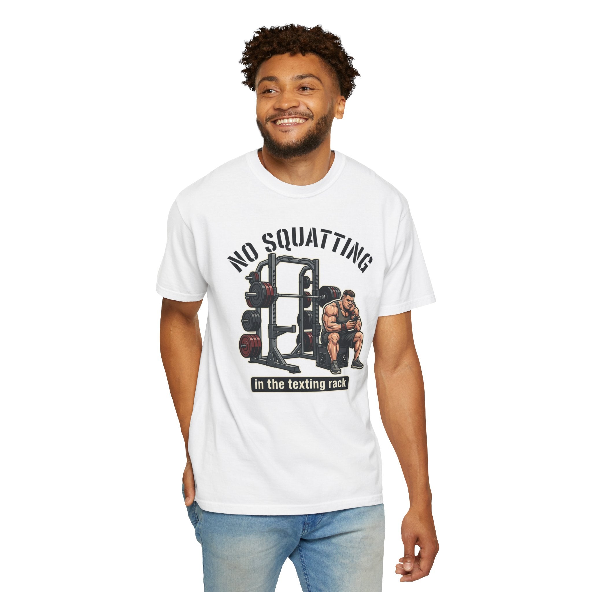 No Squatting in the Texting Rack T‑Shirt — Funny Gym Workout Tee