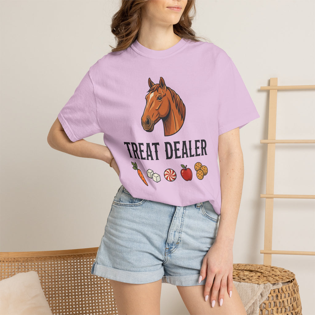 Treat Dealer Horse T-Shirt — Funny Equestrian Tee with Horse Head & Treat Icons