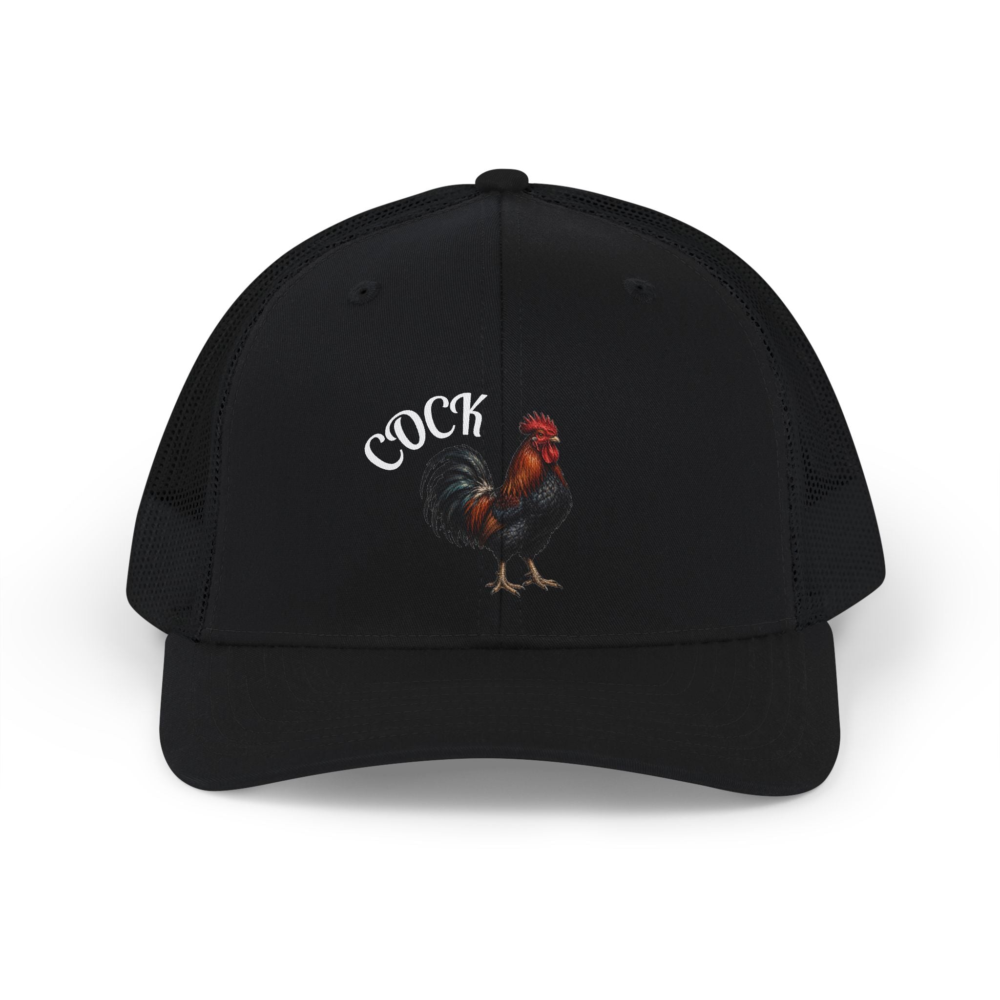Rooster Trucker Cap — Vintage Farmhouse Snapback Hat with 'Cock' Script