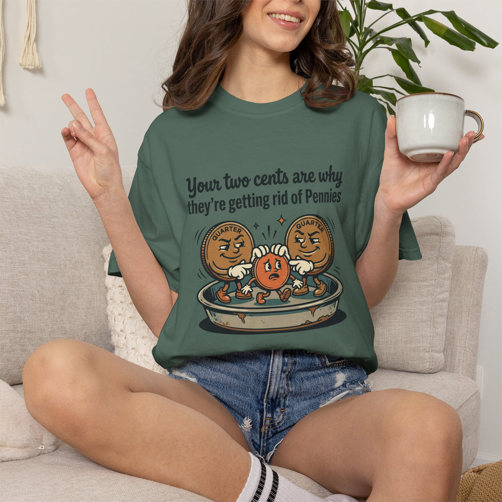 T-Shirt — Funny 'Your Two Cents Are Why They're Getting Rid of Pennies' Cartoon Design