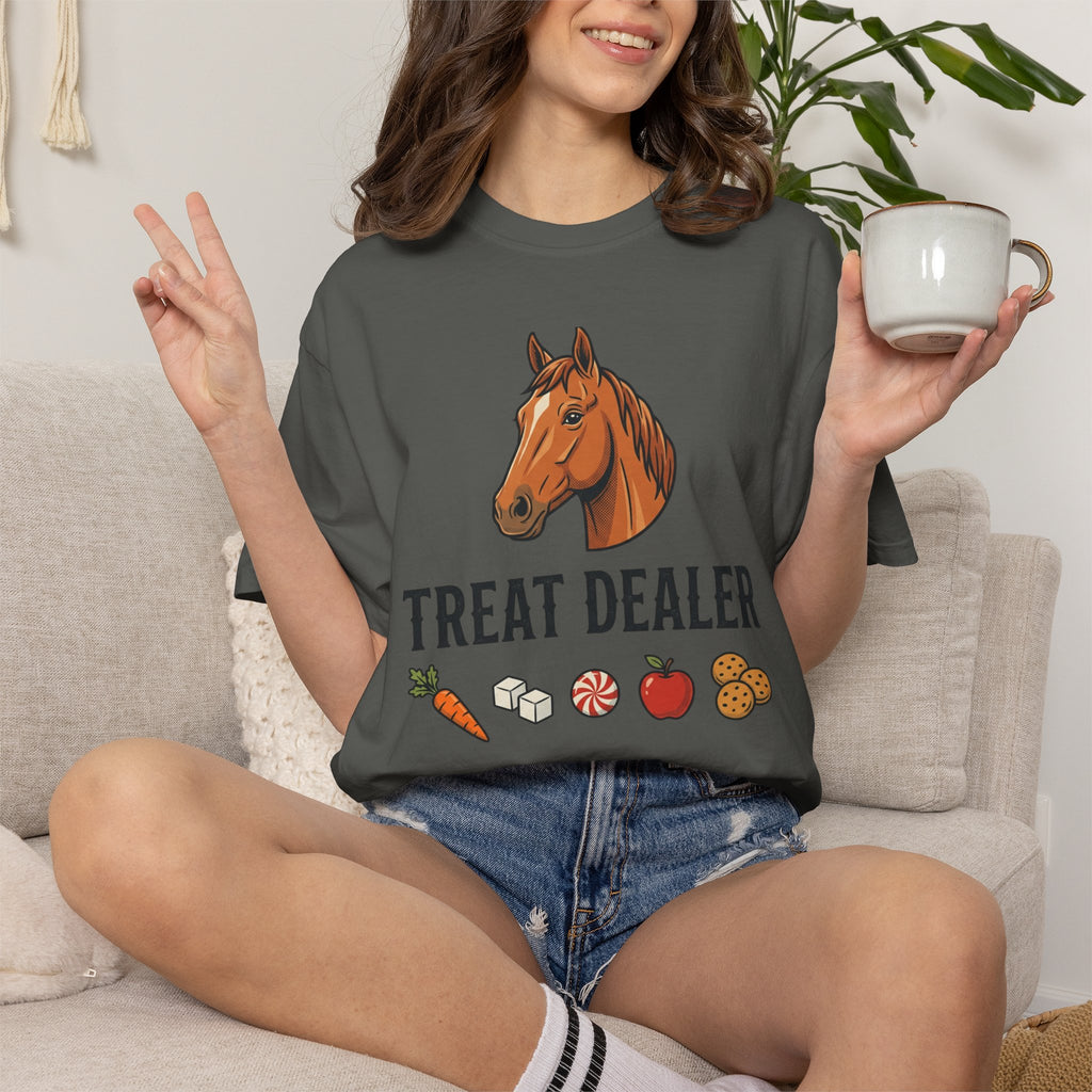Treat Dealer Horse T-Shirt — Funny Equestrian Tee with Horse Head & Treat Icons
