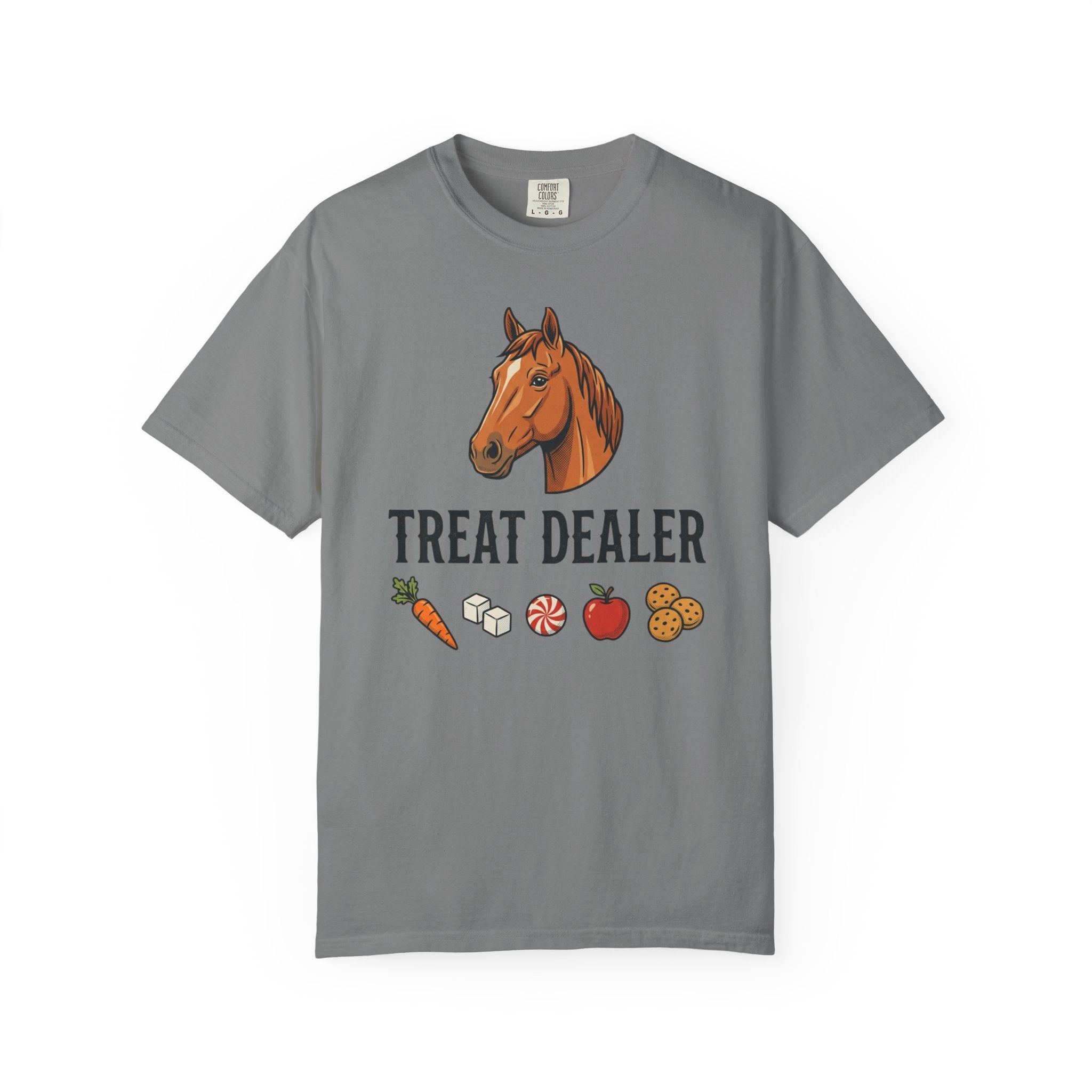 Treat Dealer Horse T-Shirt — Funny Equestrian Tee with Horse Head & Treat Icons