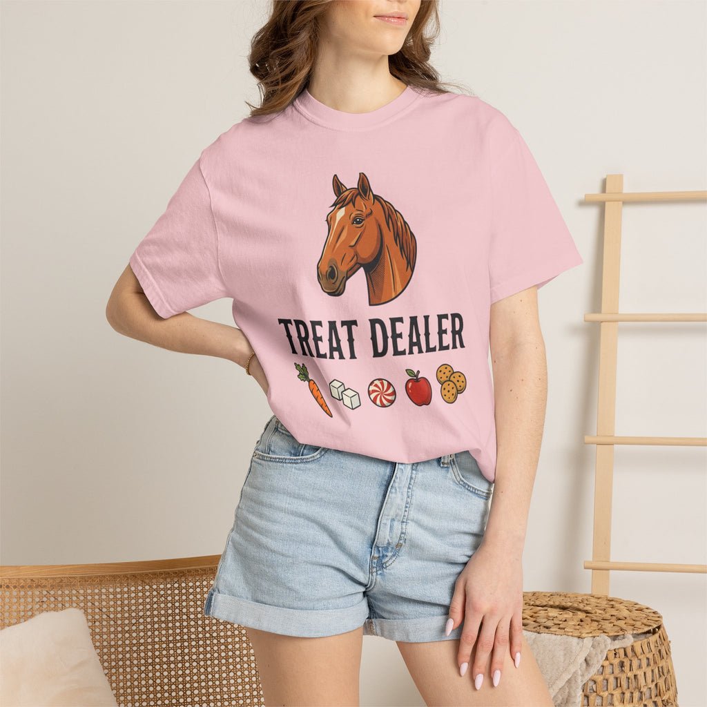 Treat Dealer Horse T-Shirt — Funny Equestrian Tee with Horse Head & Treat Icons