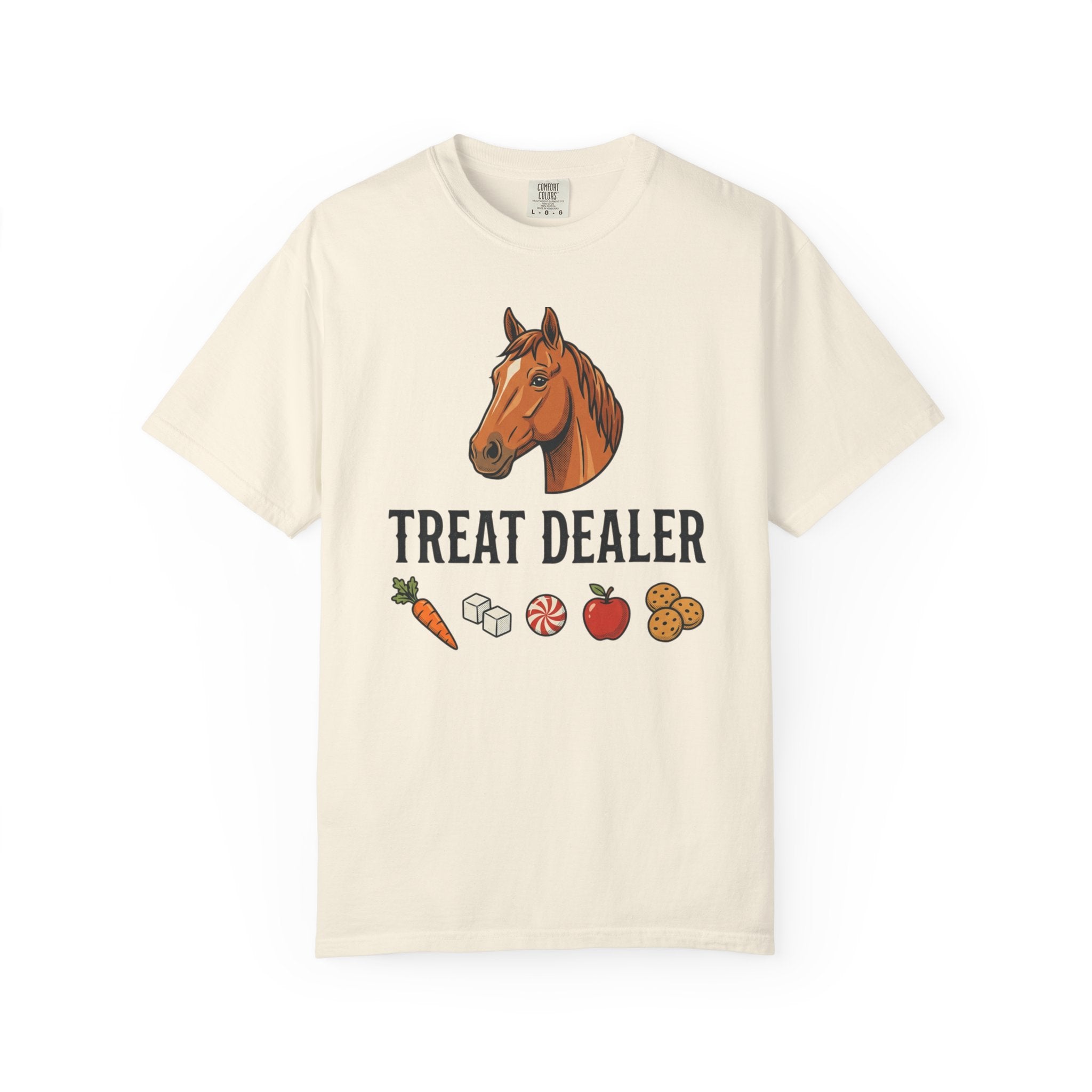 Treat Dealer Horse T-Shirt — Funny Equestrian Tee with Horse Head & Treat Icons