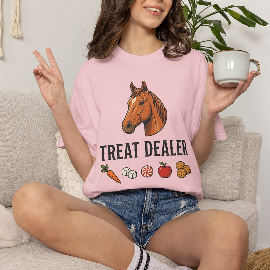 Treat Dealer Horse T-Shirt — Funny Equestrian Tee with Horse Head & Treat Icons