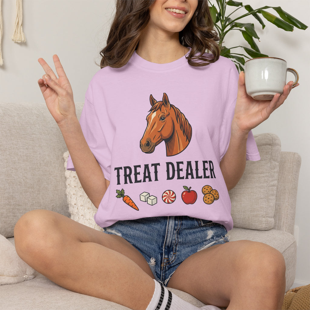 Treat Dealer Horse T-Shirt — Funny Equestrian Tee with Horse Head & Treat Icons