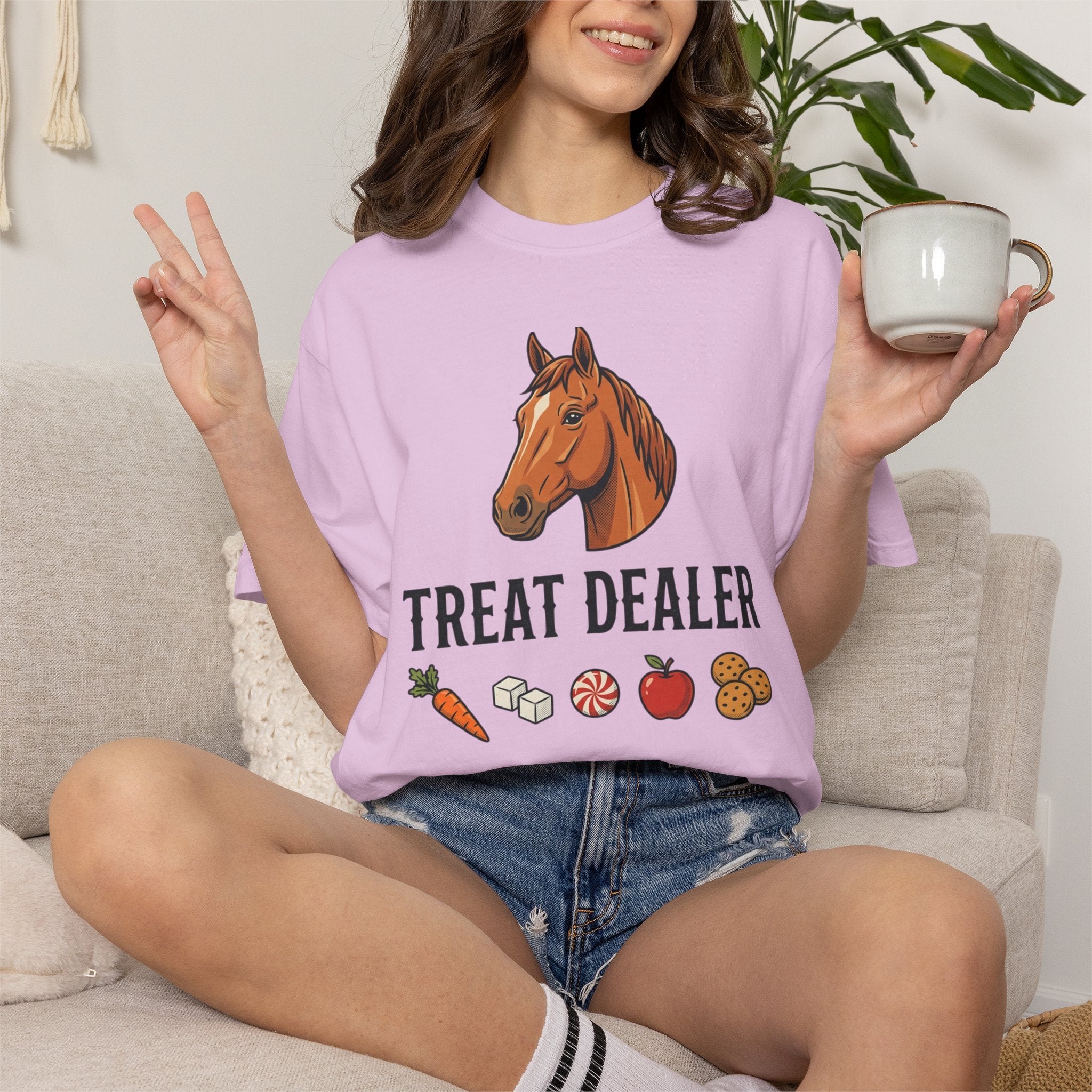 Treat Dealer Horse T-Shirt — Funny Equestrian Tee with Horse Head & Treat Icons