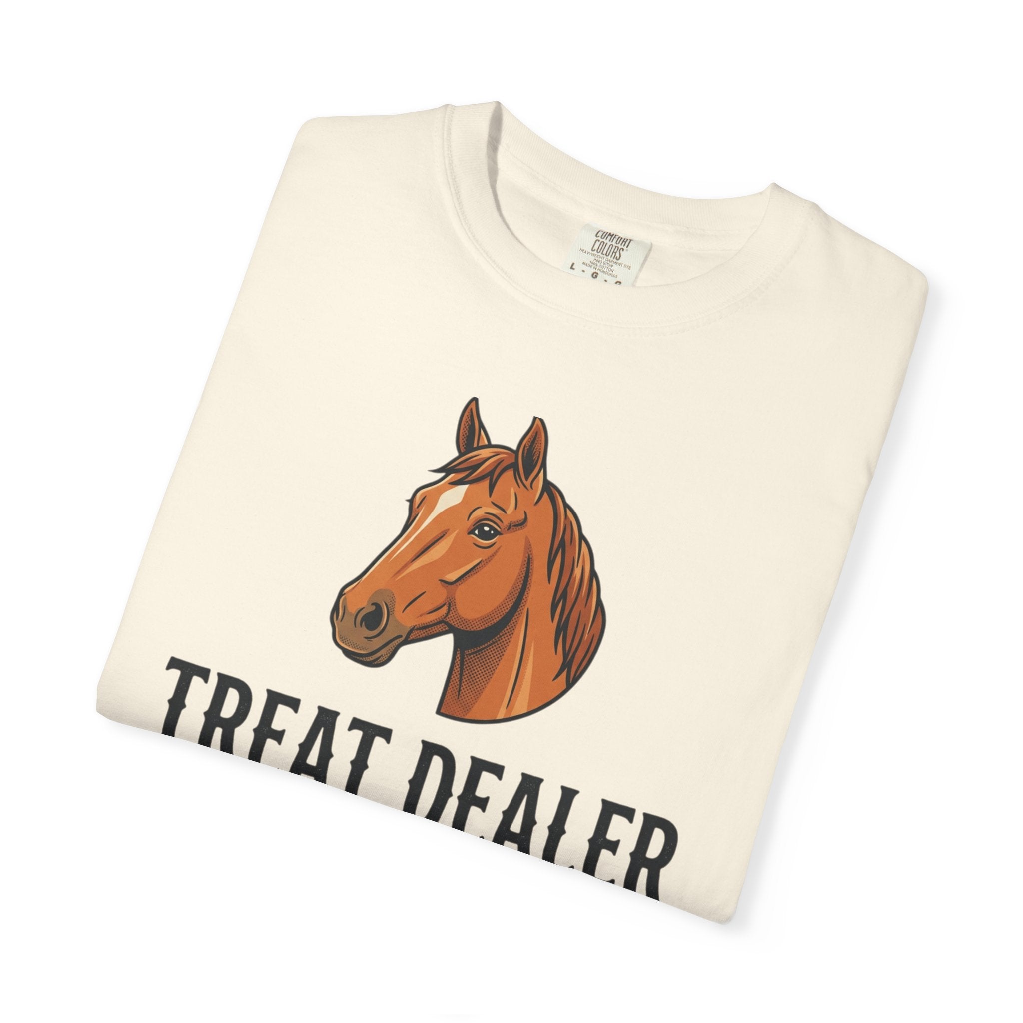 Treat Dealer Horse T-Shirt — Funny Equestrian Tee with Horse Head & Treat Icons