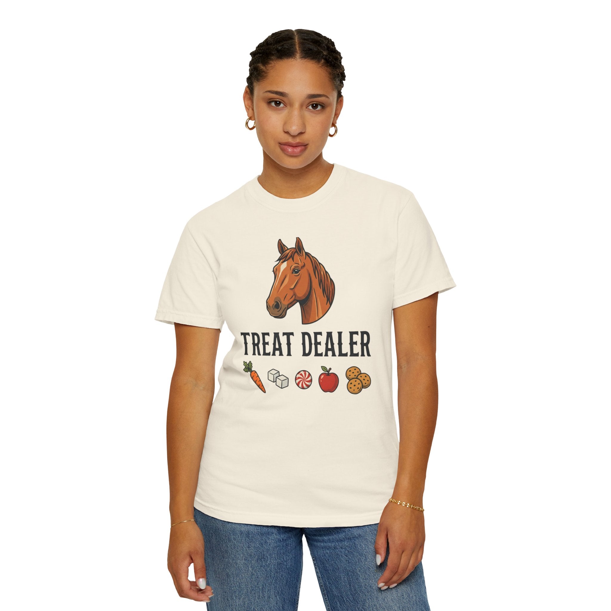 Treat Dealer Horse T-Shirt — Funny Equestrian Tee with Horse Head & Treat Icons
