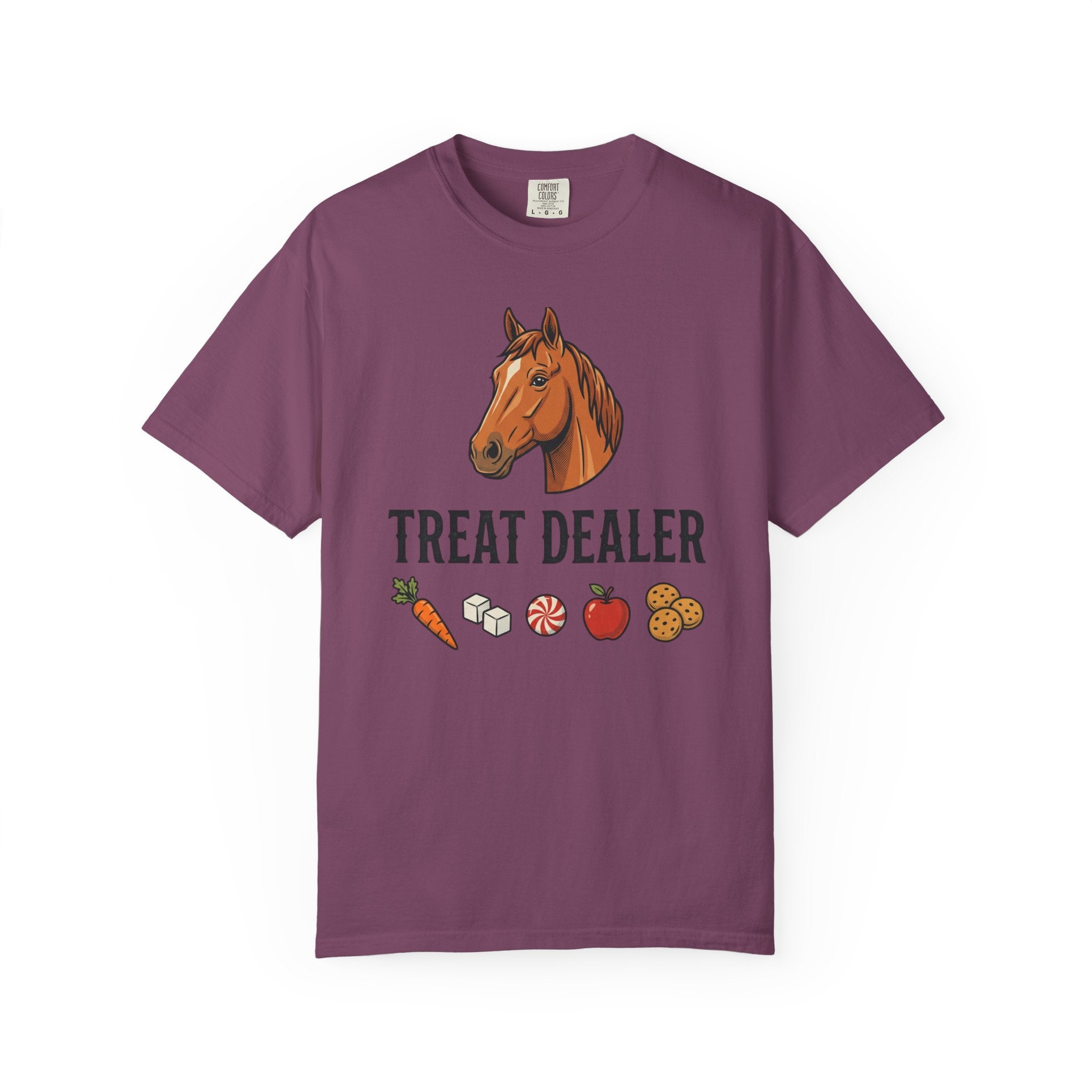 Treat Dealer Horse T-Shirt — Funny Equestrian Tee with Horse Head & Treat Icons