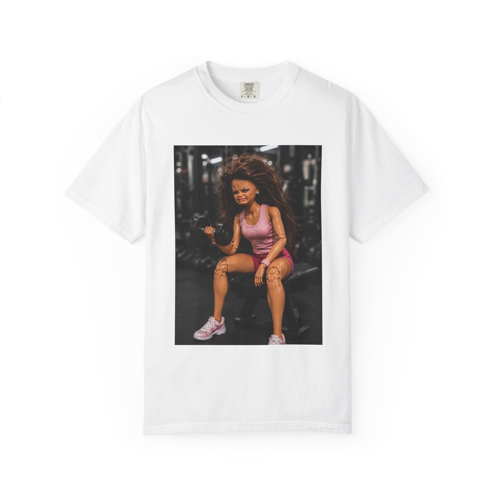 Fitness Photo Tee — Woman Lifting Dumbbell Gym Photo T-Shirt
