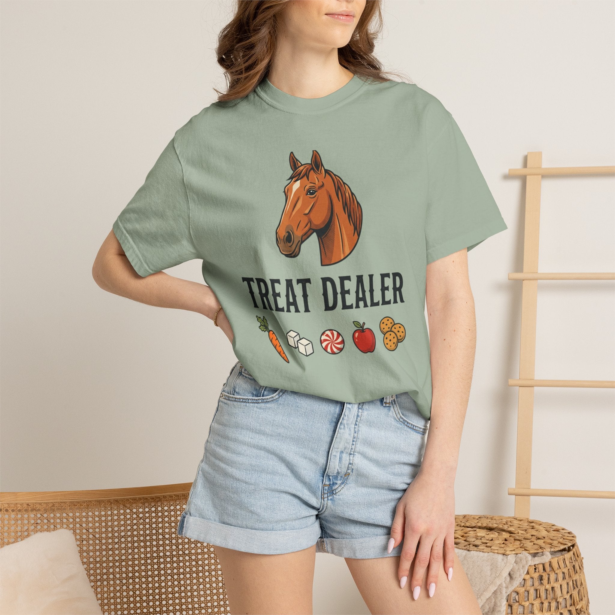 Treat Dealer Horse T-Shirt — Funny Equestrian Tee with Horse Head & Treat Icons