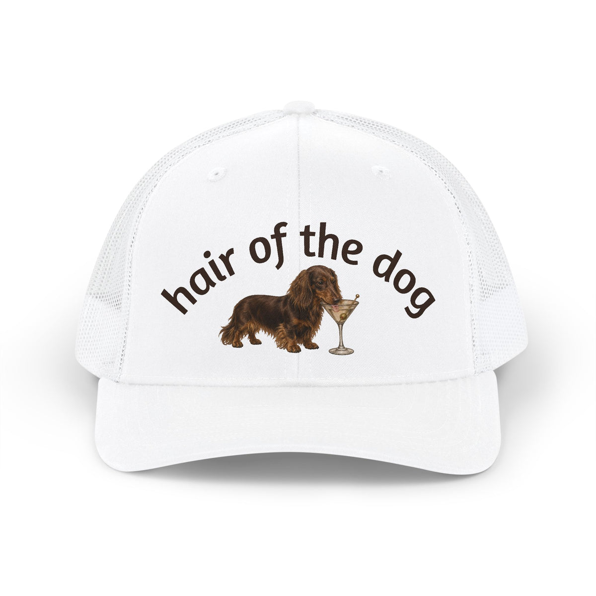 Hair of the Dog Snapback Trucker Cap — Dachshund with Cocktail Mesh Hat
