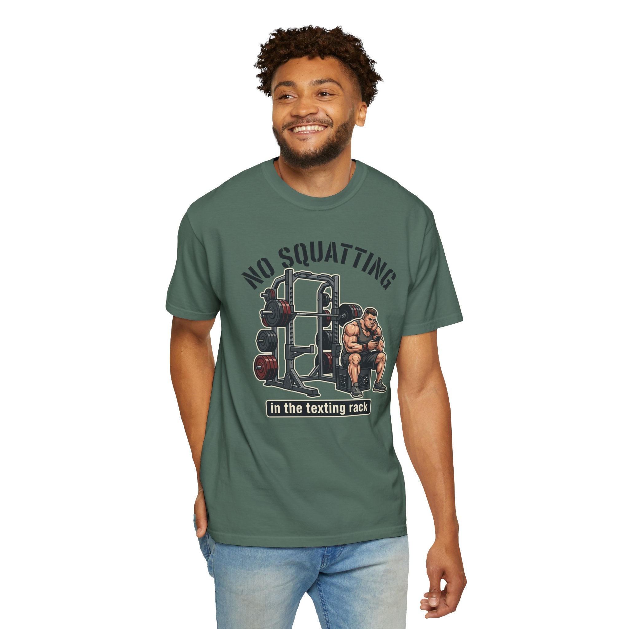 No Squatting in the Texting Rack T‑Shirt — Funny Gym Workout Tee