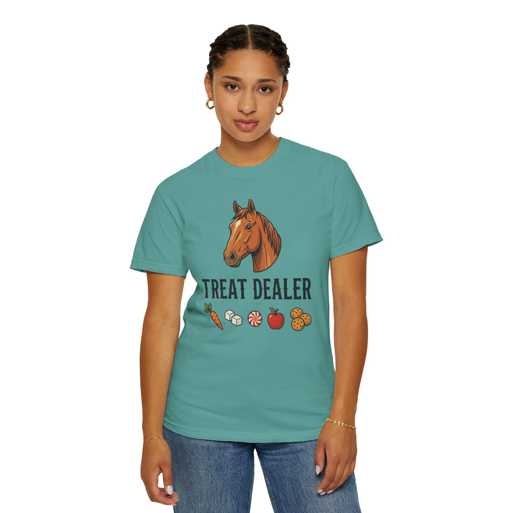 Treat Dealer Horse T-Shirt — Funny Equestrian Tee with Horse Head & Treat Icons