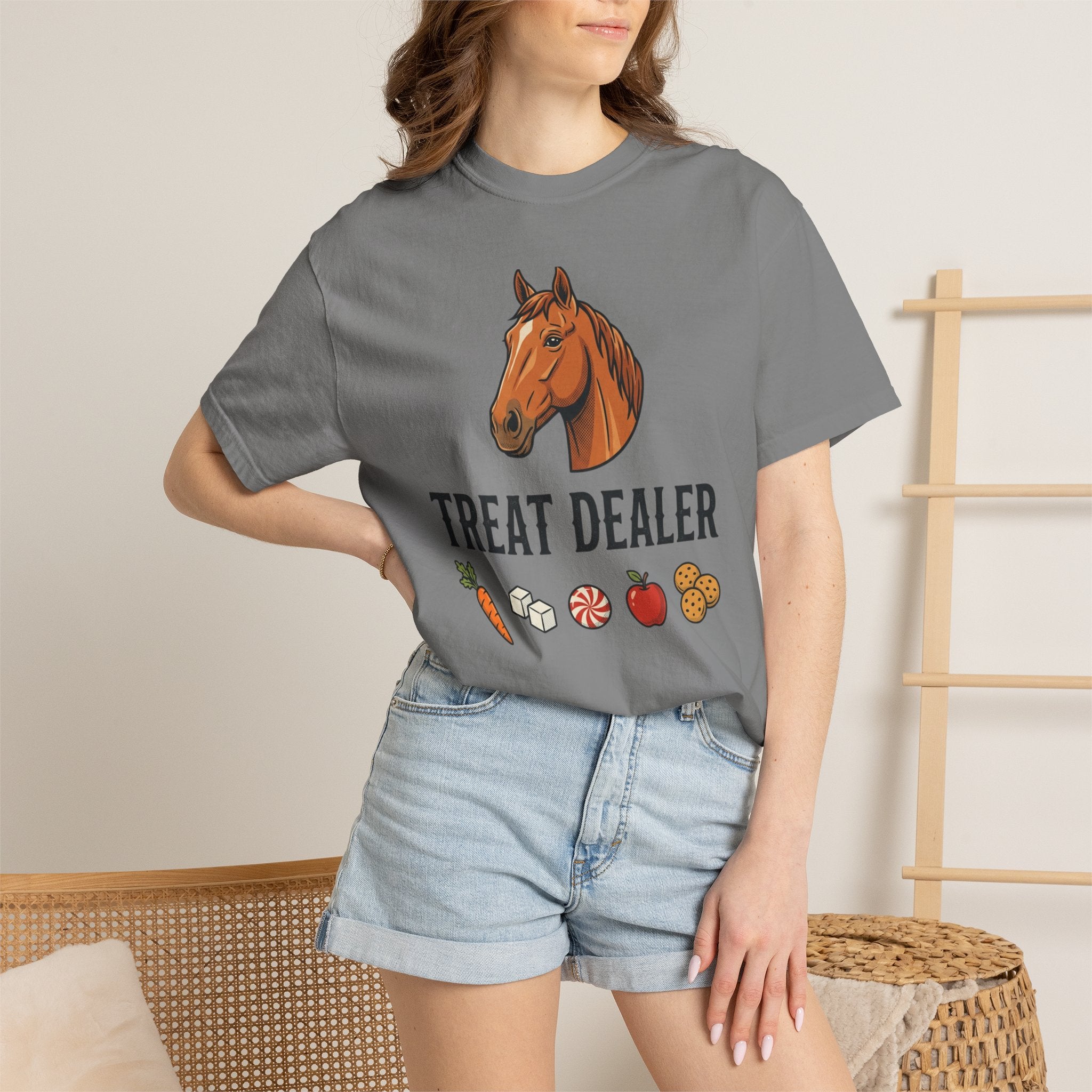 Treat Dealer Horse T-Shirt — Funny Equestrian Tee with Horse Head & Treat Icons