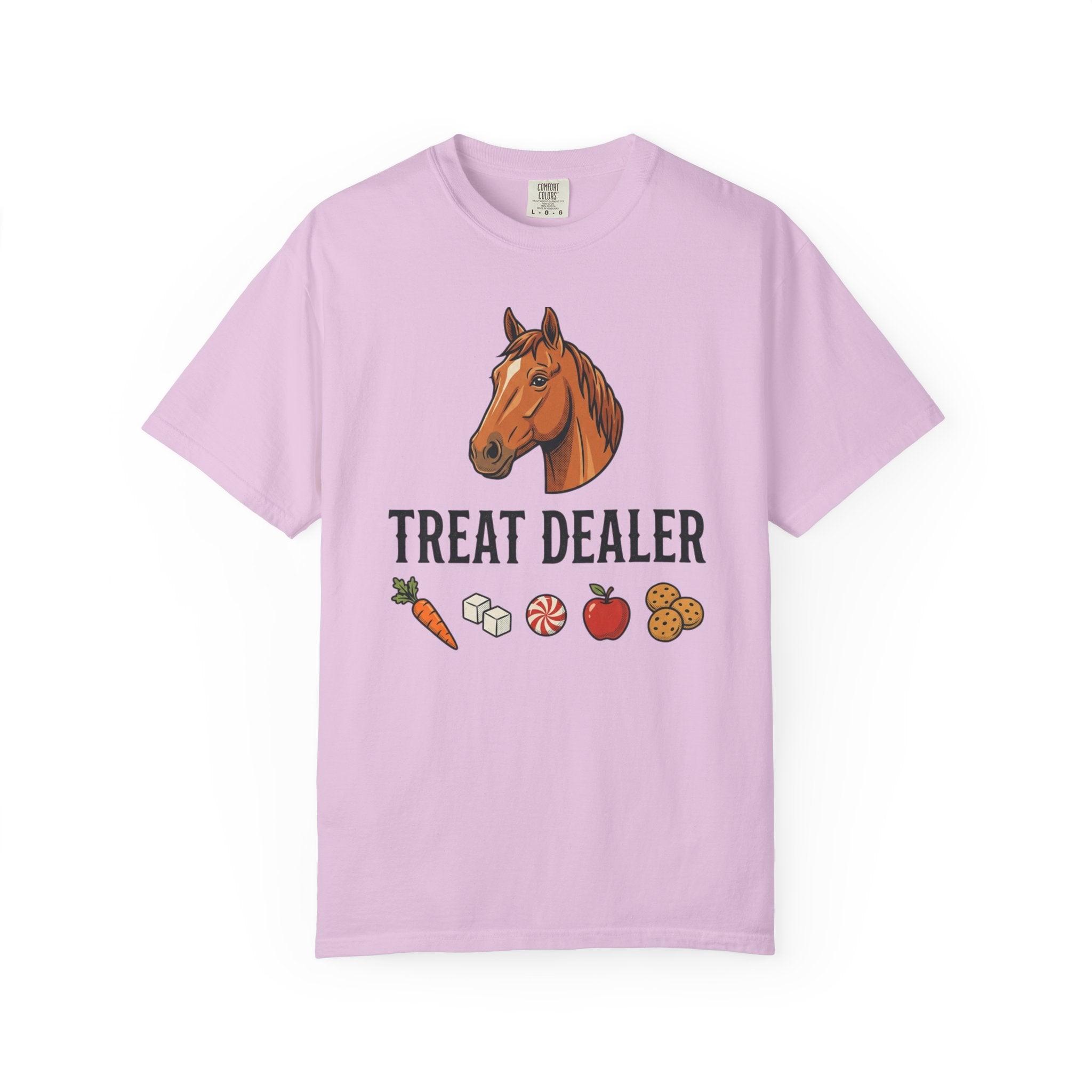 Treat Dealer Horse T-Shirt — Funny Equestrian Tee with Horse Head & Treat Icons