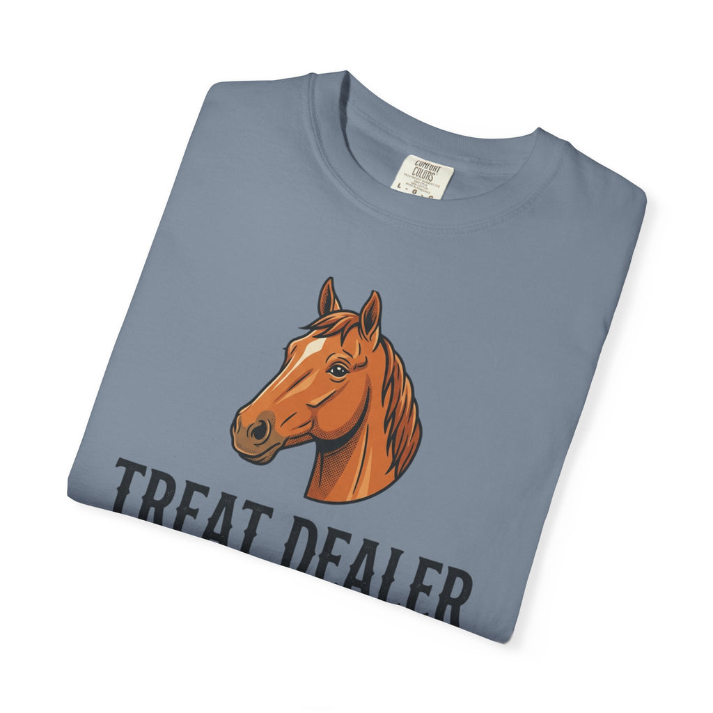 Treat Dealer Horse T-Shirt — Funny Equestrian Tee with Horse Head & Treat Icons