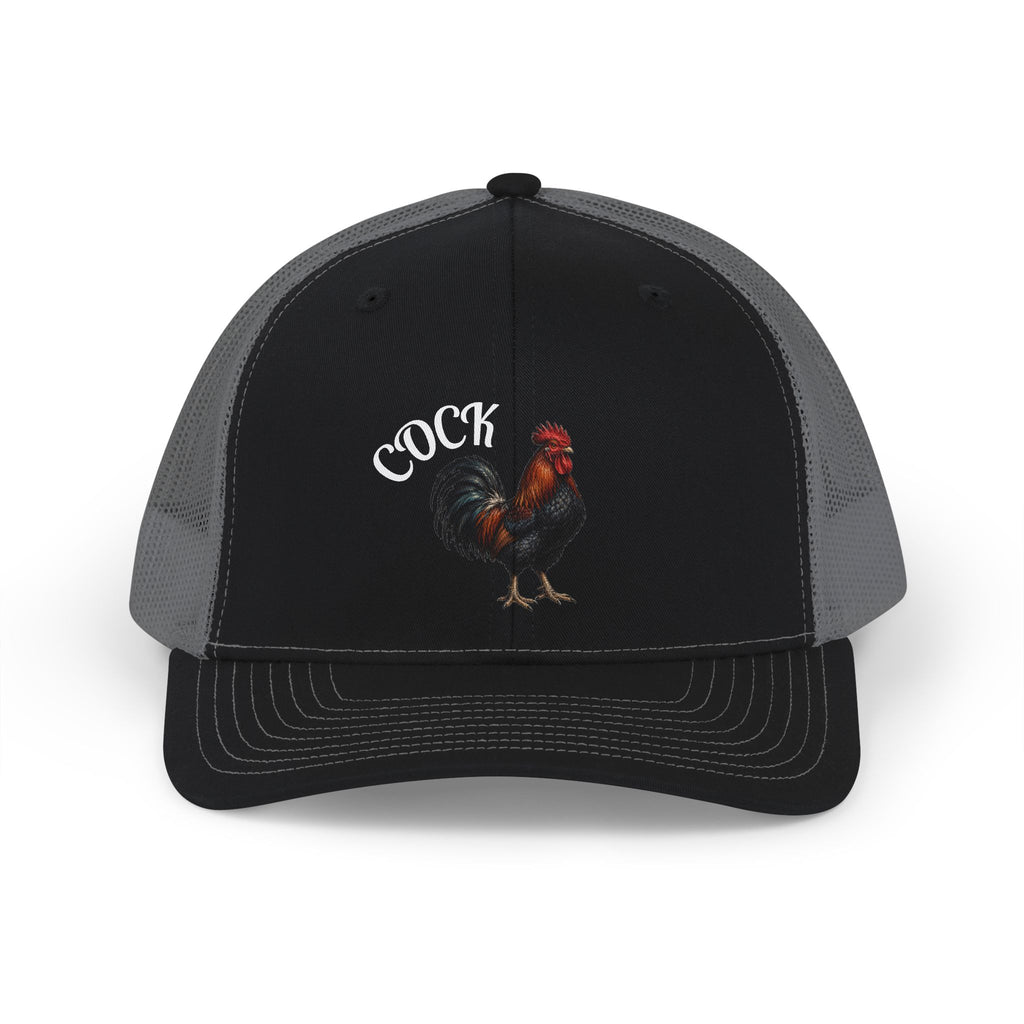 Rooster Trucker Cap — Vintage Farmhouse Snapback Hat with 'Cock' Script