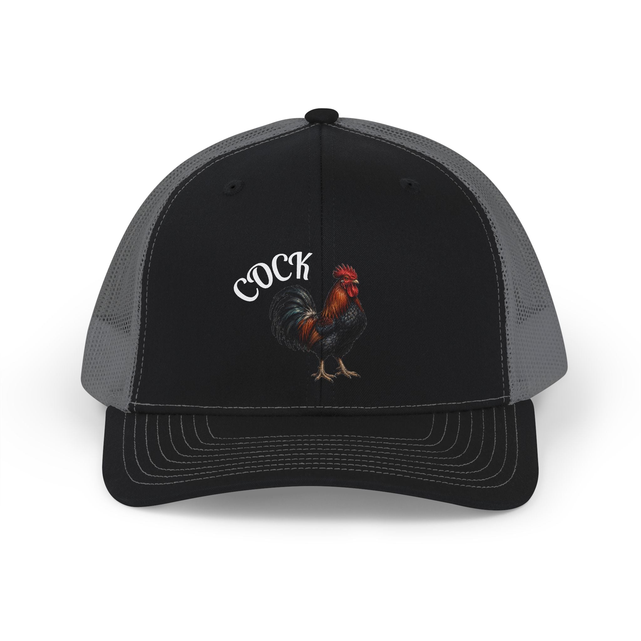 Rooster Trucker Cap — Vintage Farmhouse Snapback Hat with 'Cock' Script