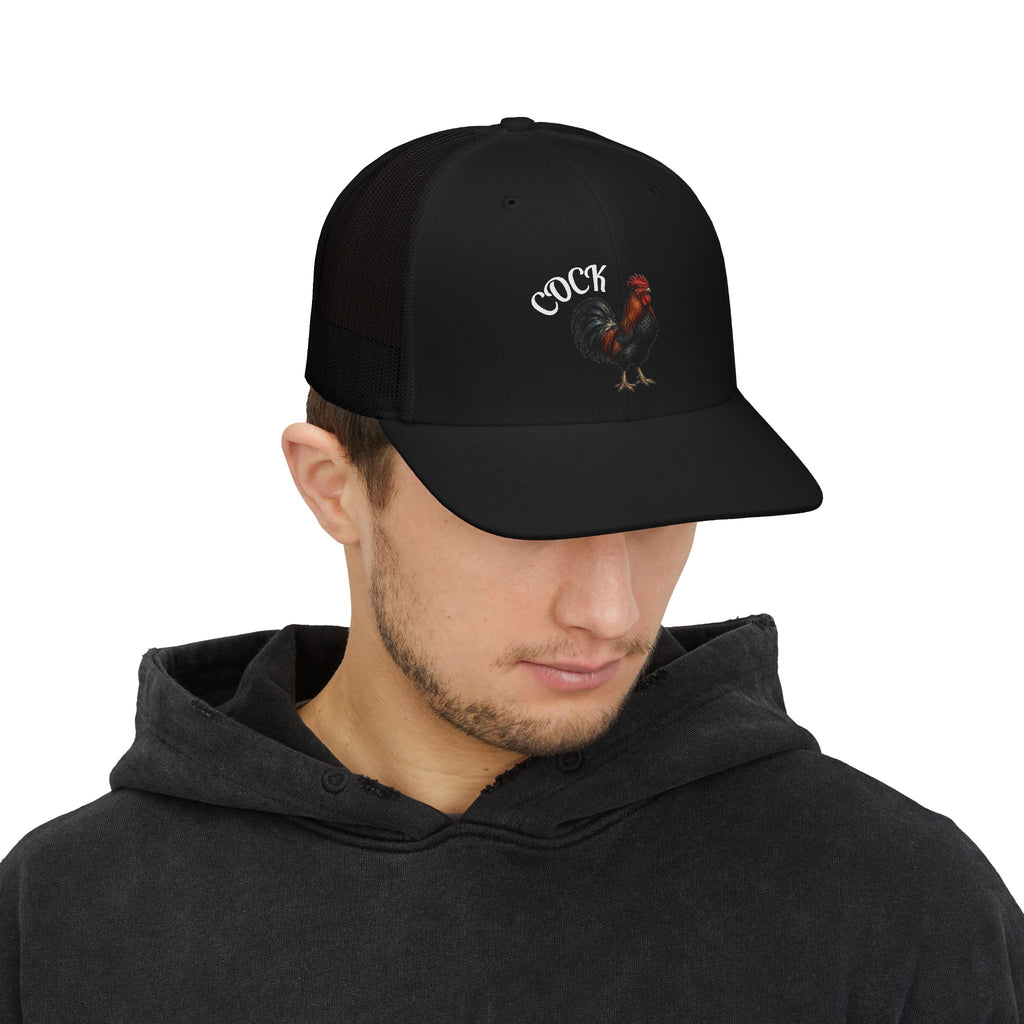 Rooster Trucker Cap — Vintage Farmhouse Snapback Hat with 'Cock' Script