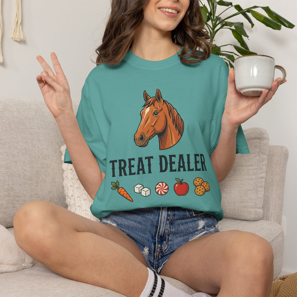 Treat Dealer Horse T-Shirt — Funny Equestrian Tee with Horse Head & Treat Icons