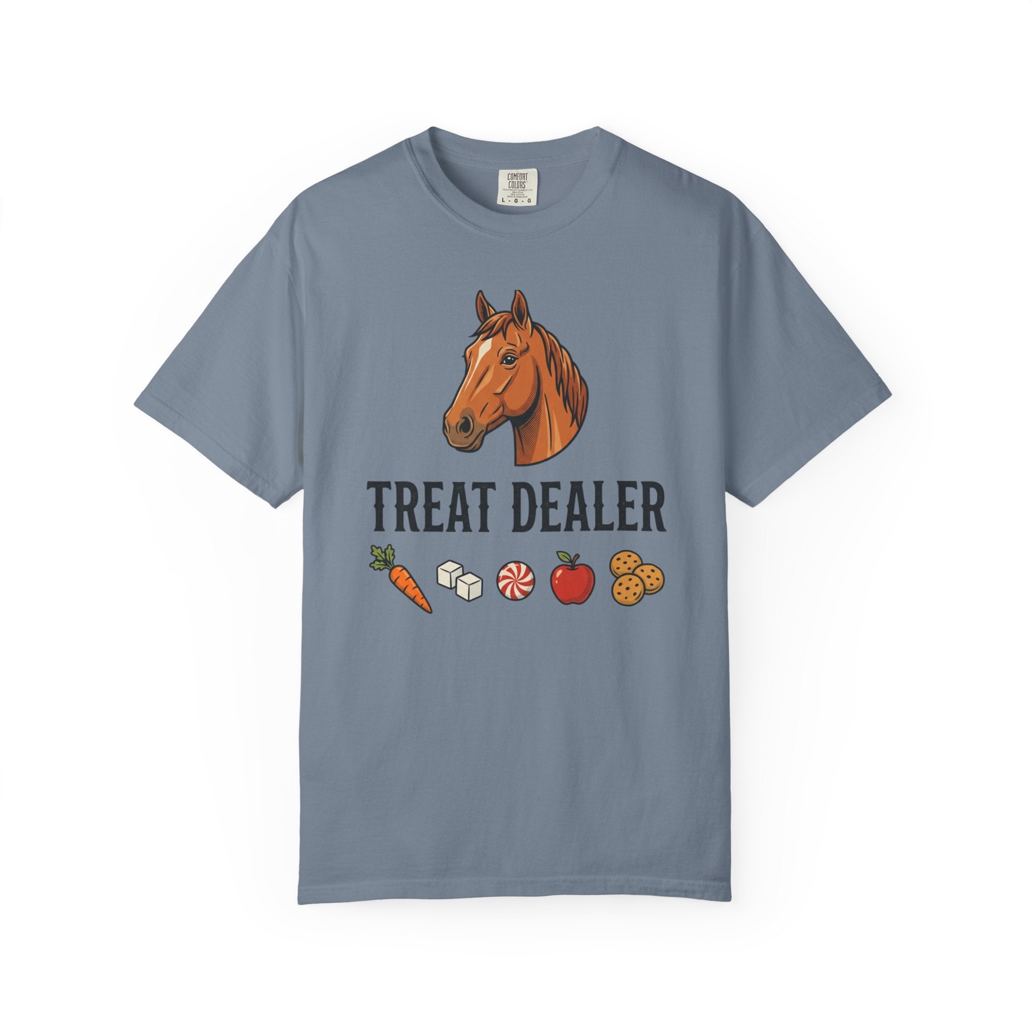 Treat Dealer Horse T-Shirt — Funny Equestrian Tee with Horse Head & Treat Icons