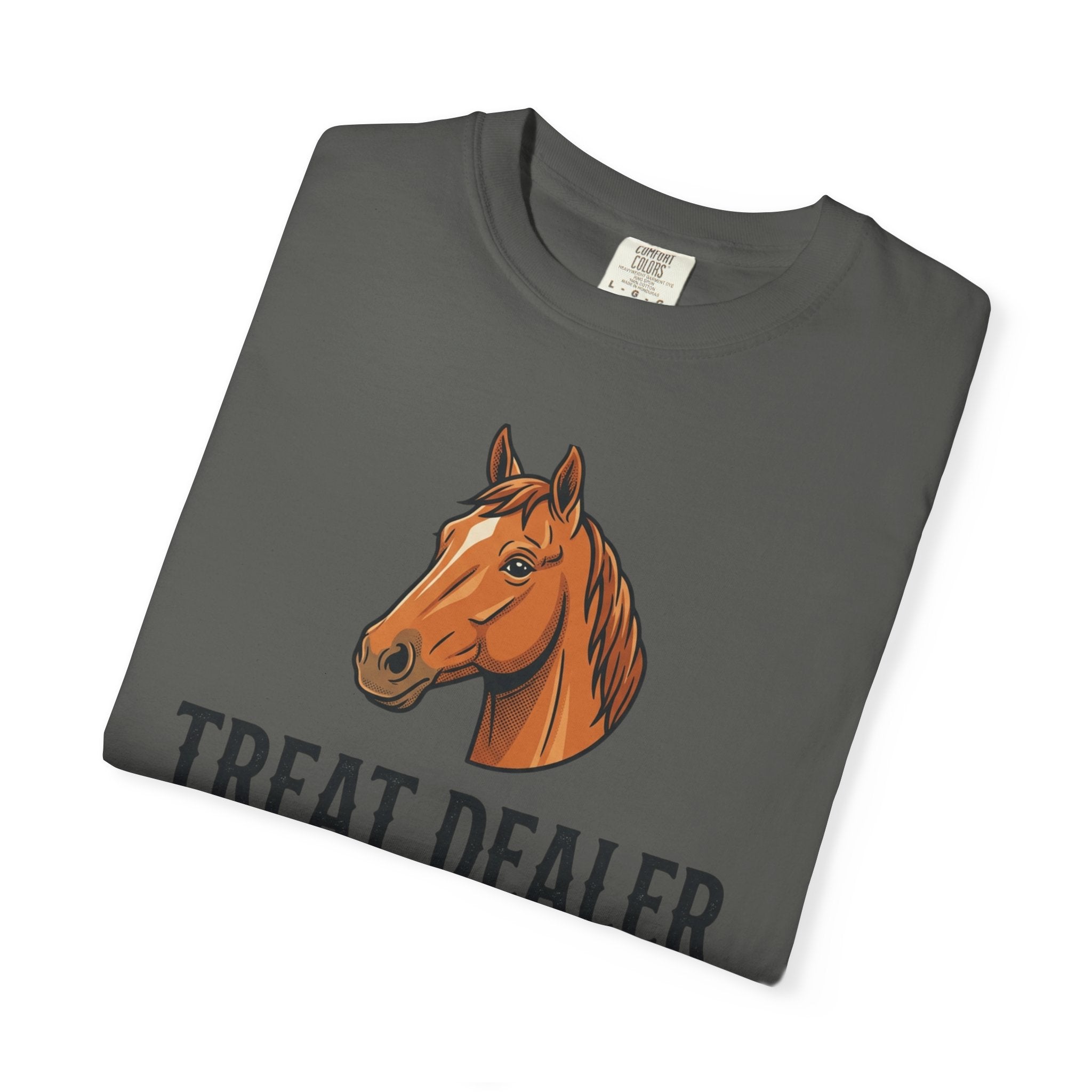 Treat Dealer Horse T-Shirt — Funny Equestrian Tee with Horse Head & Treat Icons