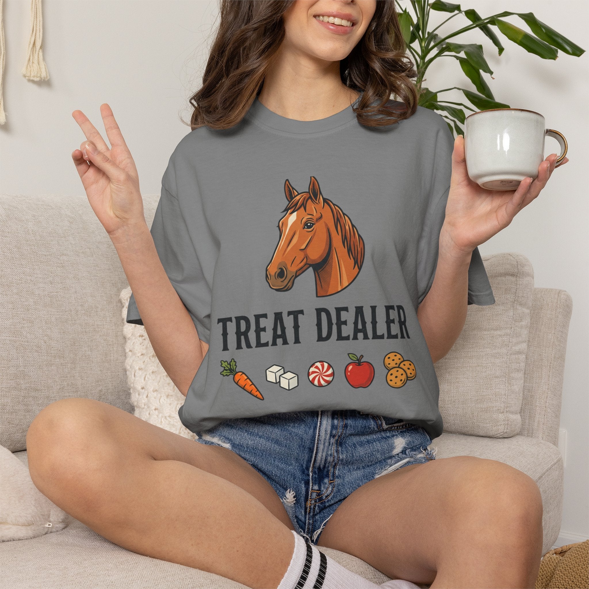 Treat Dealer Horse T-Shirt — Funny Equestrian Tee with Horse Head & Treat Icons