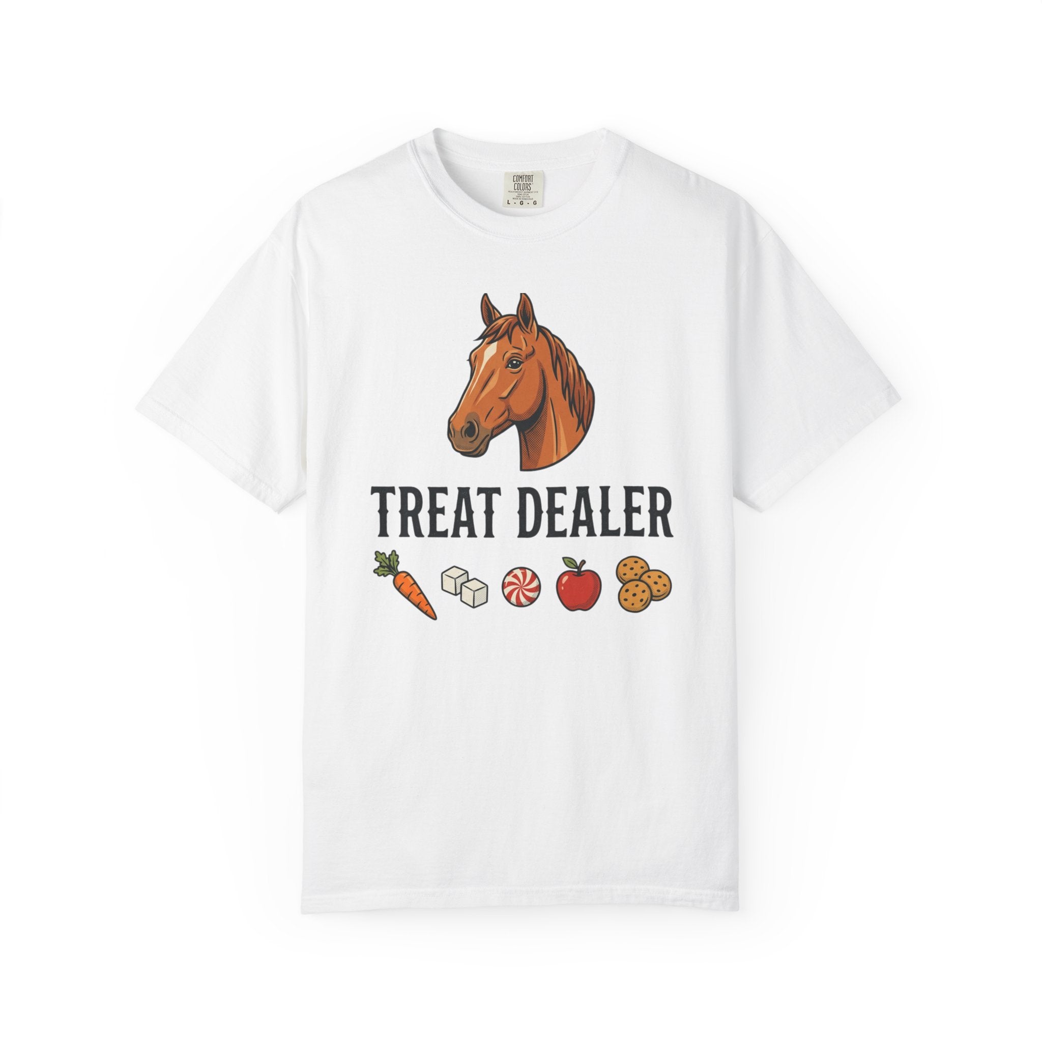 Treat Dealer Horse T-Shirt — Funny Equestrian Tee with Horse Head & Treat Icons