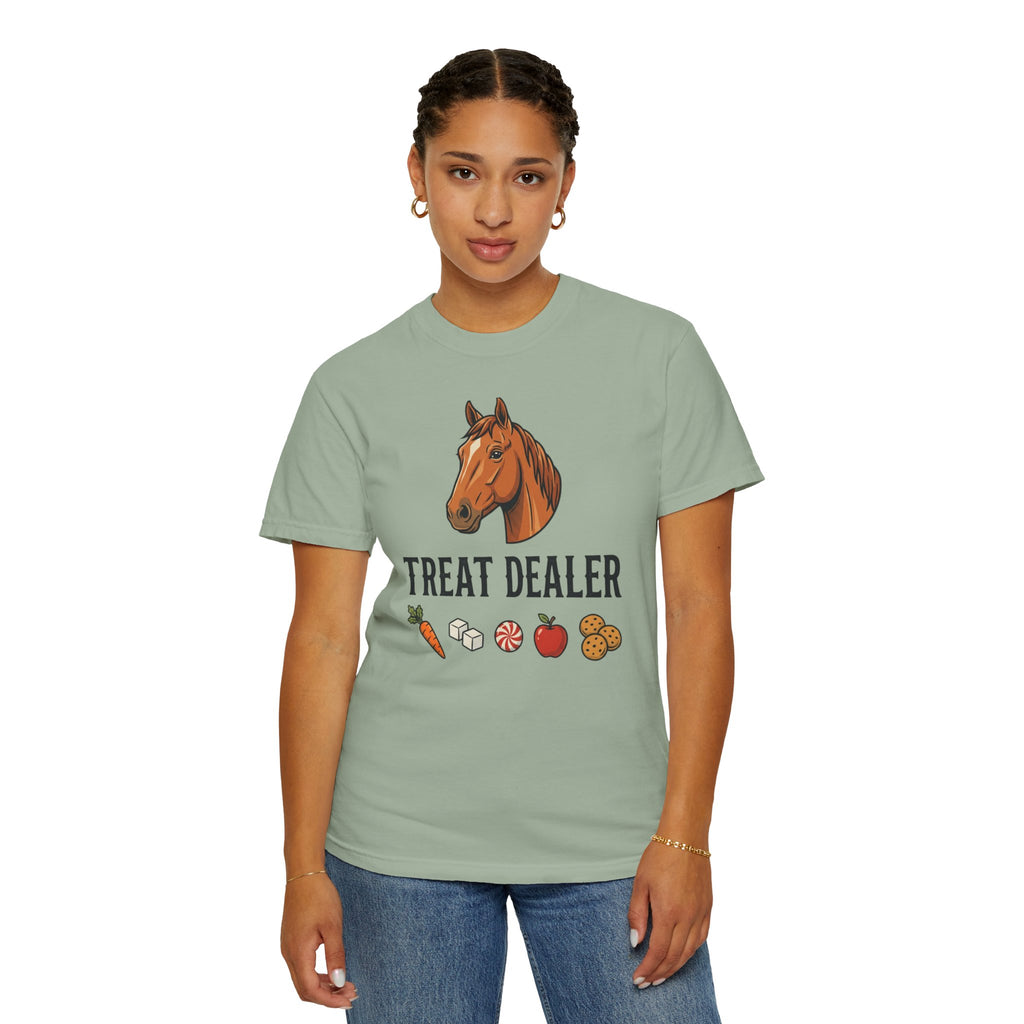 Treat Dealer Horse T-Shirt — Funny Equestrian Tee with Horse Head & Treat Icons